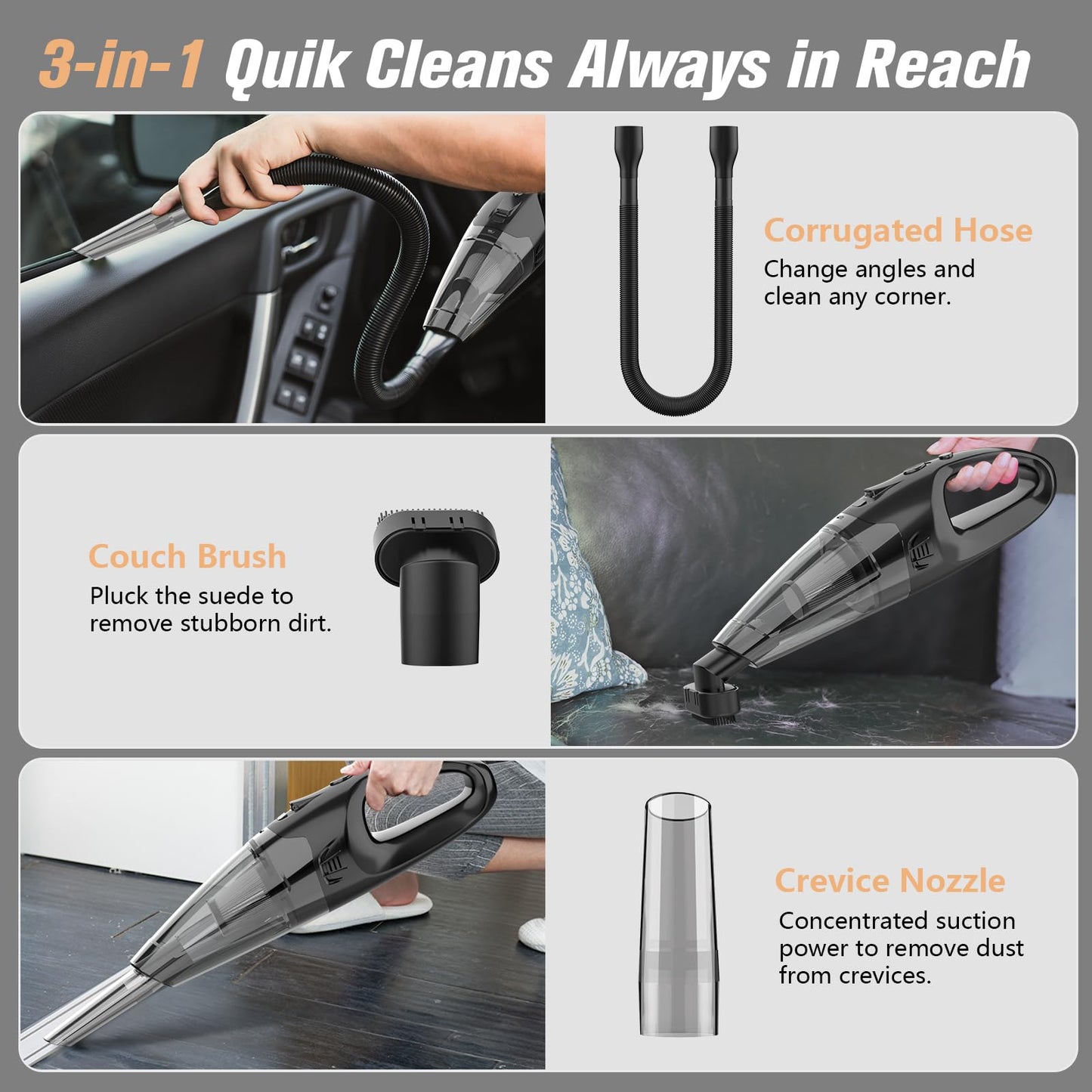 Handheld Vacuum Cordless Rechargeable with LED Light, Car Vacuum Portable Cordless, Hand Vacuum Cleaner Car Seats, Home, Quick Cleanup, Strong Suction, Lightweight, Includes Crevice Nozzle & Brush