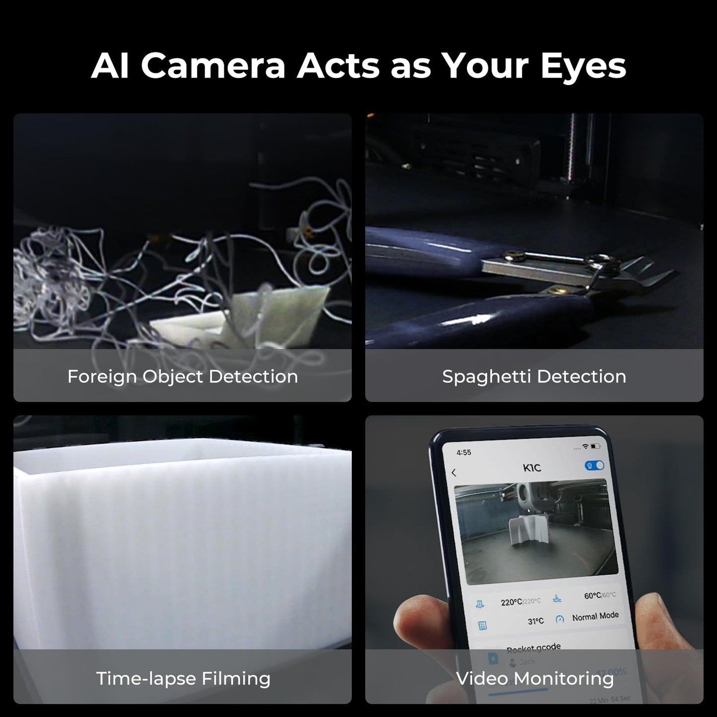 Creality K1C 3D Printer, 600mm/s Fast Speed Auto Leveling 3D Printers with AI Camera for 300°C Printing, Switchable Silent Mode Reliable Carbon Fiber 3D Printing 220 * 220 * 250mm