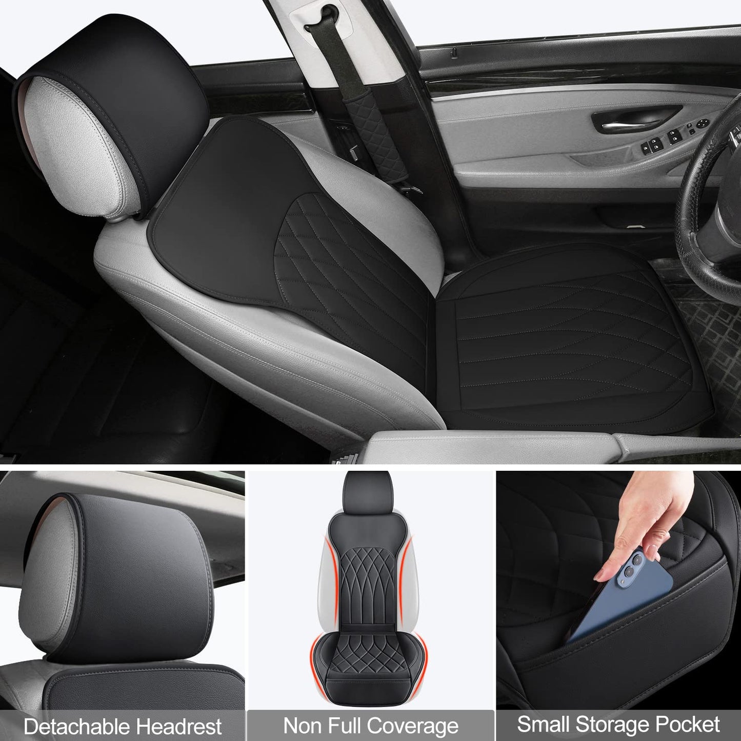BEITK 2 Pack Leather Front Car Seat Covers, Universal Sideless Car Seat Protectors with Storage Pocket and Seat Belt Pads, Waterproof Automotive Seat Cover for Cars Trucks SUV(Black)
