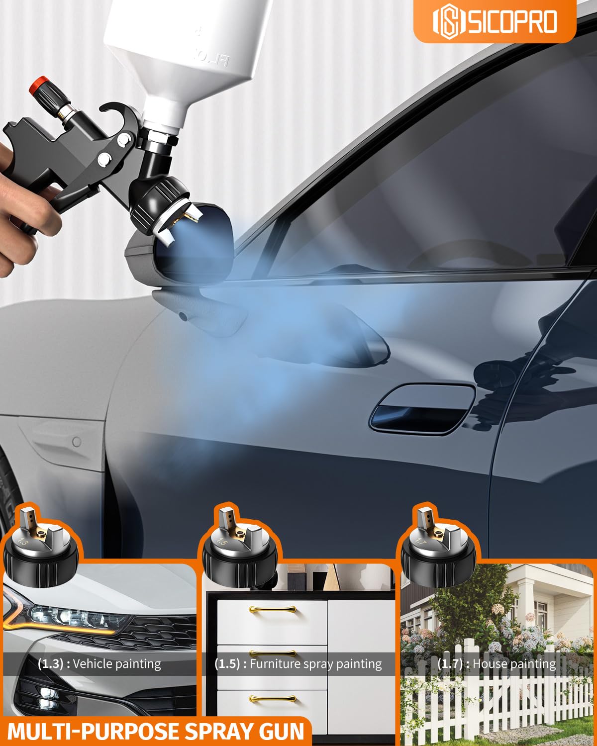 LVLP Air Paint Sprayer Gun for Cars House Painting, Paint Guns Automotive Premium Kit, 1.3/1.5/1.7mm High-Precision Nozzles, Varnish and Top Coat,with Oil-Water Separator, Air Regulator