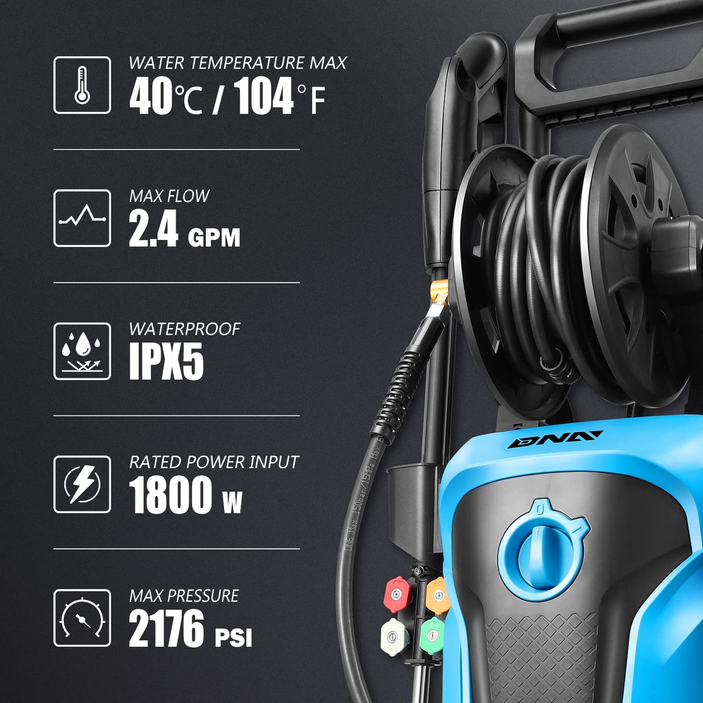 DNA MOTORING TOOLS-00231 Up to 2176 PSI Pressure 2.4 GPM Max Flow Electric Pressure Washer for Yard and Car Cleaning with Spray Nozzle Foam Bottle + 4 Turbo Nozzles IPX5 Driveway Patio Deck (Blue)