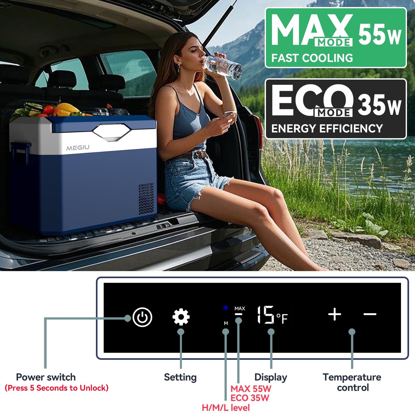 Megiu Car Refrigerator Portable 12V Fridge 32 Quart 12 Volt Freezer Compressor Cooler 12V/24V DC 110～240 V AC for Truck Van RV Camper SUV and Home Use