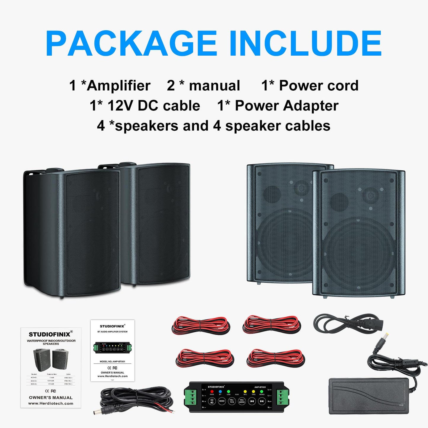 STUDIOFINIX 800W 6.5 Inch Outdoor Bluetooth Speakers Waterproof Wired with Multifunctional Amplifier Wall Mount Weatherproof Loudspeaker System for Patio Garden Poolside Home(4 Speakers,Black)