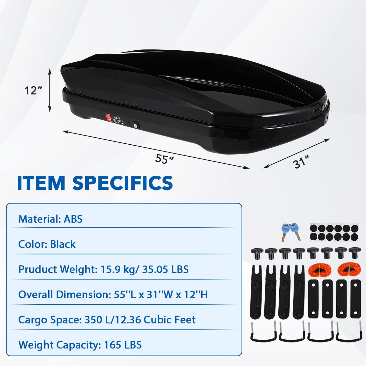 Garvee Heavy Duty Hard Shell Roof Top Cargo Carrier - 55(L) x31(W) x12(H) Waterproof Lockable Storage Box Capacity 165 Lbs 12.4 Cu Ft - Tool-Free Install- Fits SUV, Truck, Van (12.4 Cubic Ft)