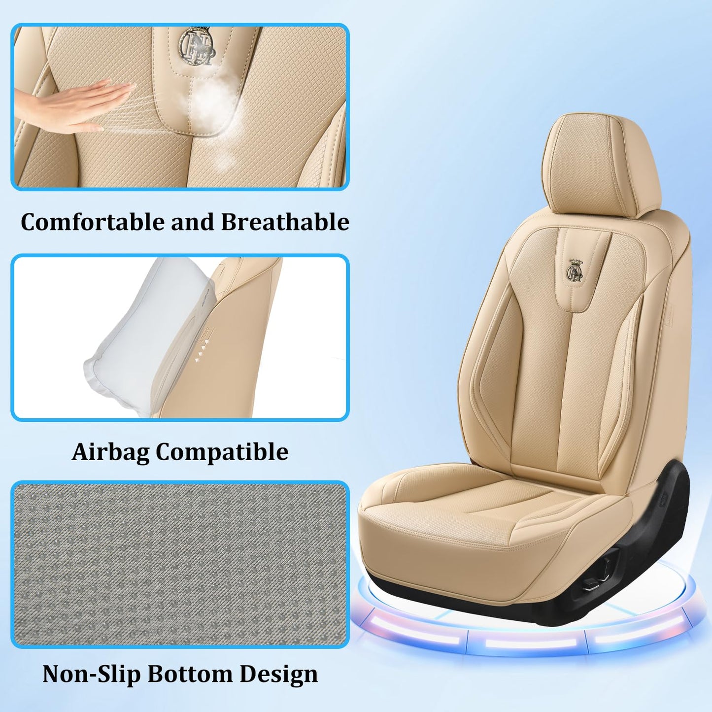 Aupaver Leather Seat Covers Full Set, Waterproof Seat Cover for Cars 5 Seats, Luxury Leatherette Car Seat Cushion, Front and Rear Protectors Automotive Seat Covers for Sedan SUV Pick-up Truck, Beige