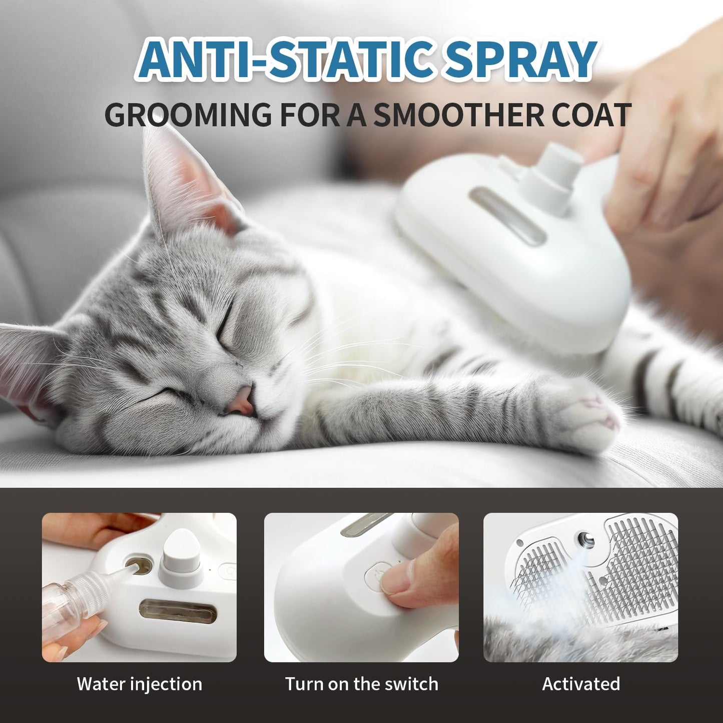 Herokitty 3 In 1 Self Cleaning Steamy Pet Brush - Anti-Static, Grooming Tool for Long and Short Hair Pets, Removes Loose Hair and Reduces Shedding, White