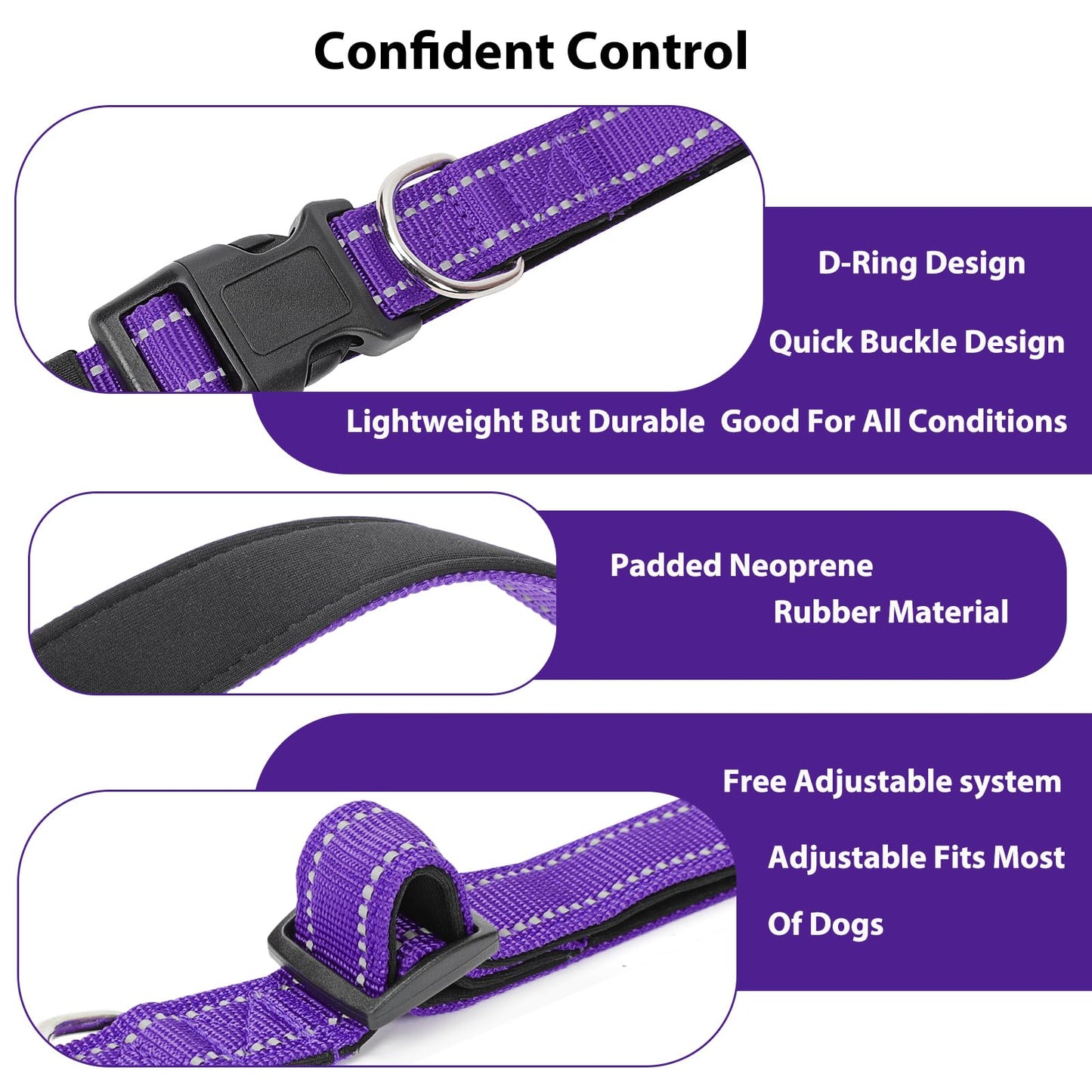 PenSeepet Reflective Dog Collar Padded with Soft Neoprene Breathable Quick Release Basic Dog Collars for Large Dogs Purple Girl