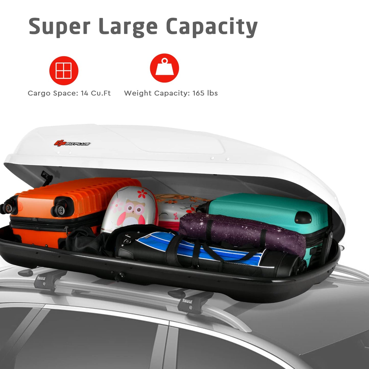Goplus Rooftop Cargo Carrier Hard Shell, 14 Cubic Feet Waterproof Car Roof Cargo Carrier w/Dual Side Opening, Security Key, 165LBS Capacity, for 17” to 22.8” Wide Crossbar Rack, Vehicle Cargo Box
