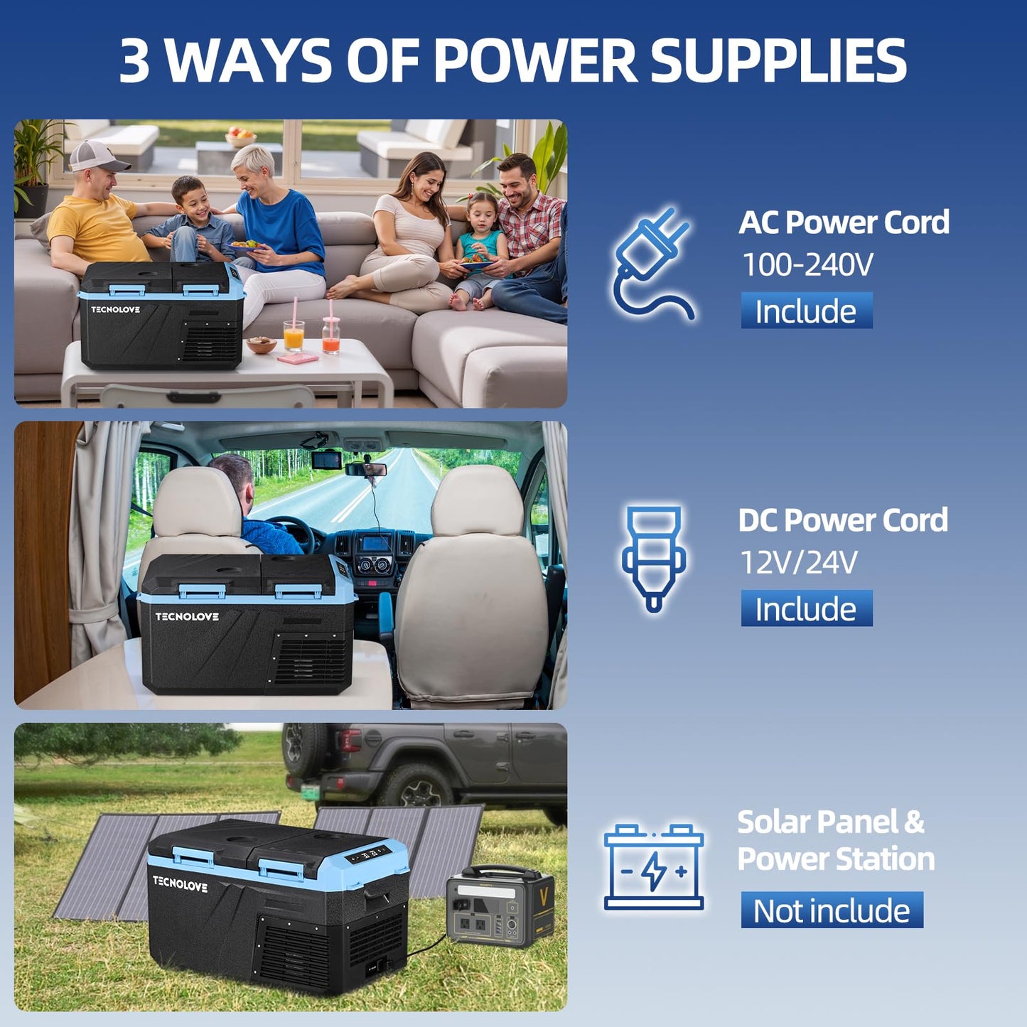 Tecnolove 25L Car Refrigerator Freezer, 27QT Dual Zone Portable Compressor Cooler with Reversible Door, 100–240V AC / 12V / 24V DC Powered, Touchscreen Control, LED Light, -4℉ to 68℉, Ice Blue