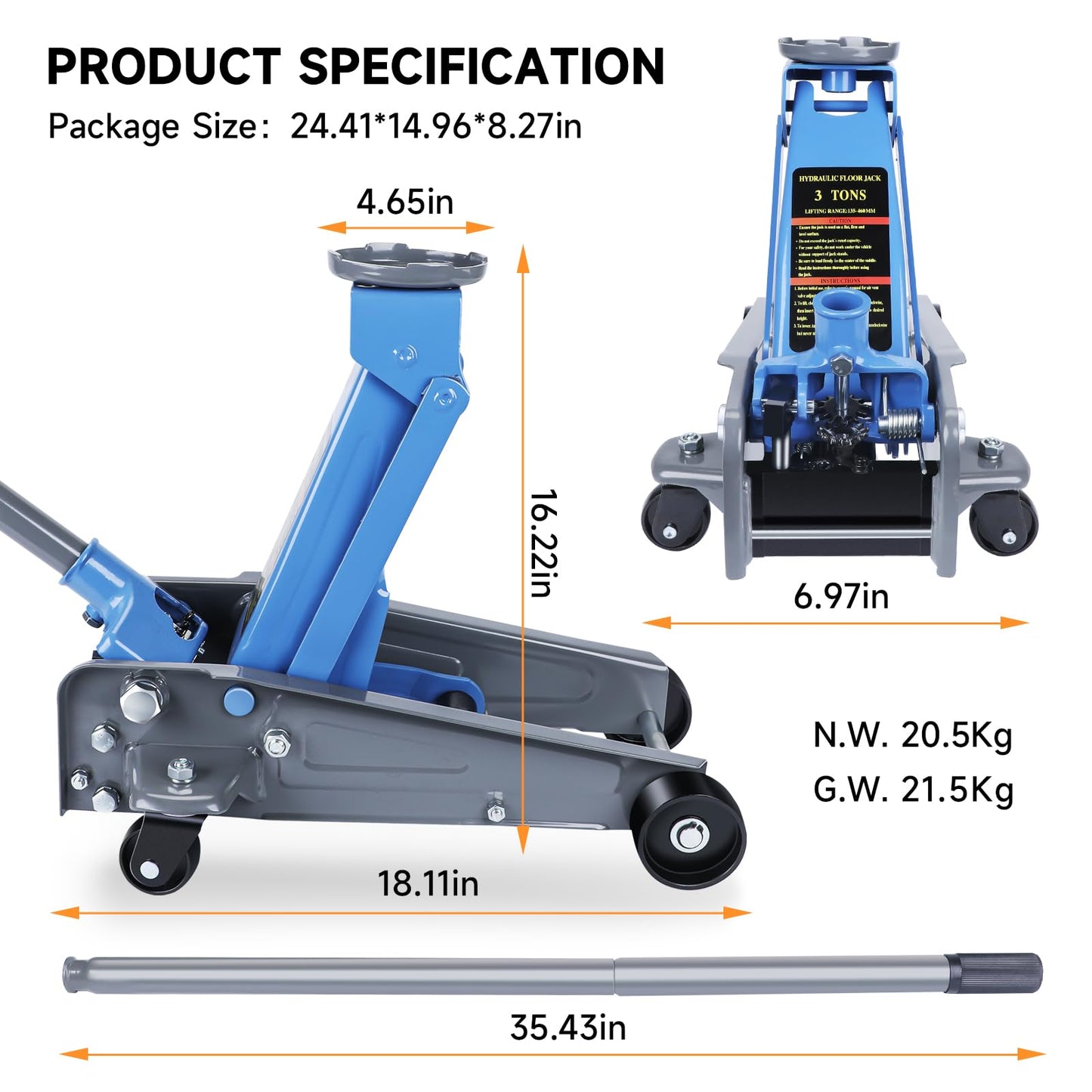 LARBANKE 3 Ton Floor Jack,Made of Durable Carbon Steel with Wheels for Secure Lifting,Fast Lift Floor Jack with Range of 5.31" to 18.11",Providing Stable Support for Various Cars