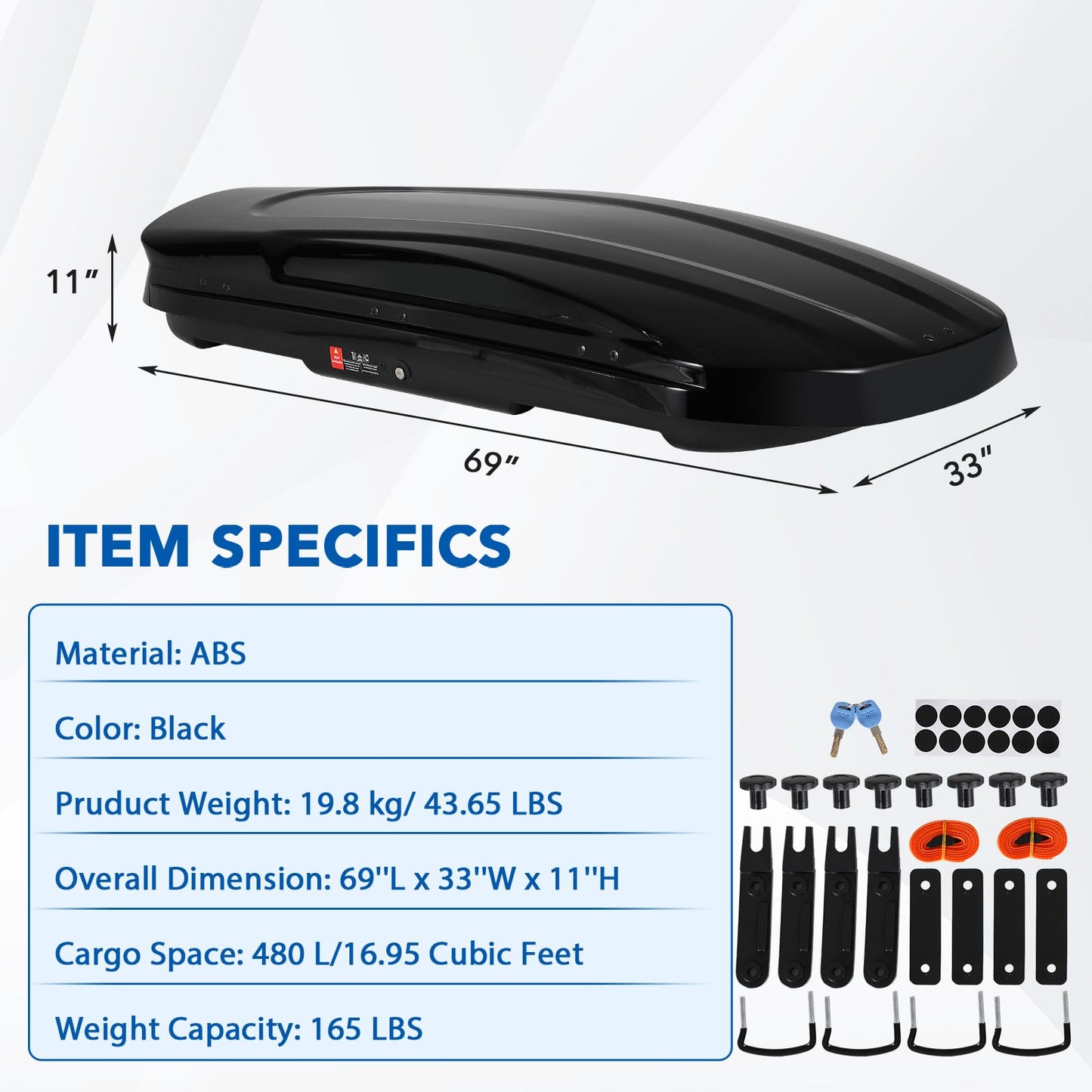 Garvee Heavy Duty Hard Shell Roof Top Cargo Carrier - 69(L) x33(W) x11(H) Waterproof Lockable Storage Box Capacity 165 Lbs 17 Cu Ft - Tool-Free Install- Fits SUV, Truck, Van (17 Cubic Ft)