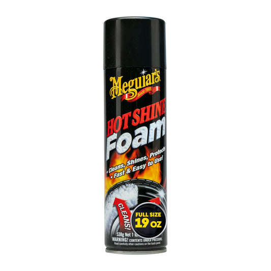 Meguiar's Hot Shine Tire Foam - High Goss Tire Shine That Cleans, Shines, and Protects in One, Deep, Black Shine with Conditioners and UV Protection to Help Keep Tires Looking Like New, 19 Oz Aerosol