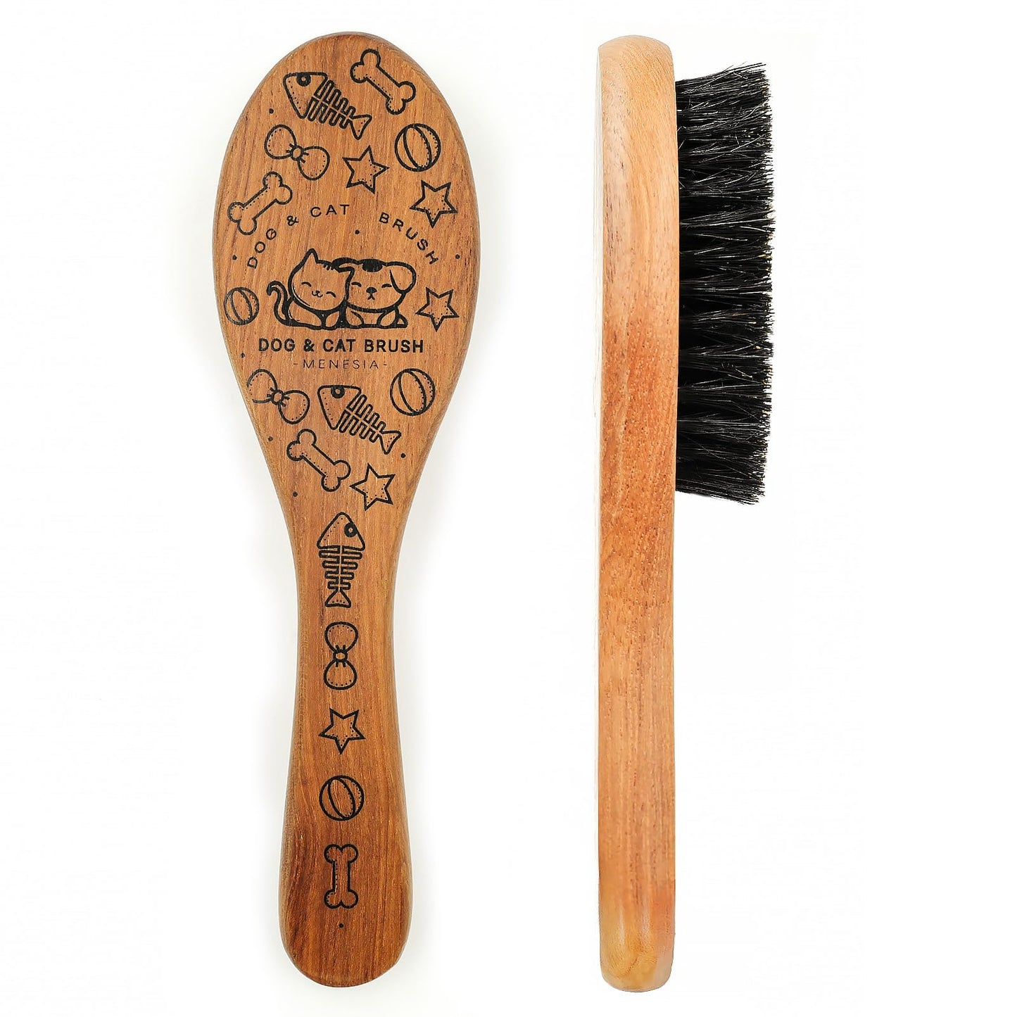Menesia Pet Soft Brush with Wood Handle and Boar Bristle Hair - Soft Cat and Dog Grooming Brush for Short Hair Cats and Small Dogs - Gentle Massage and Dandruff Removal (Cat)