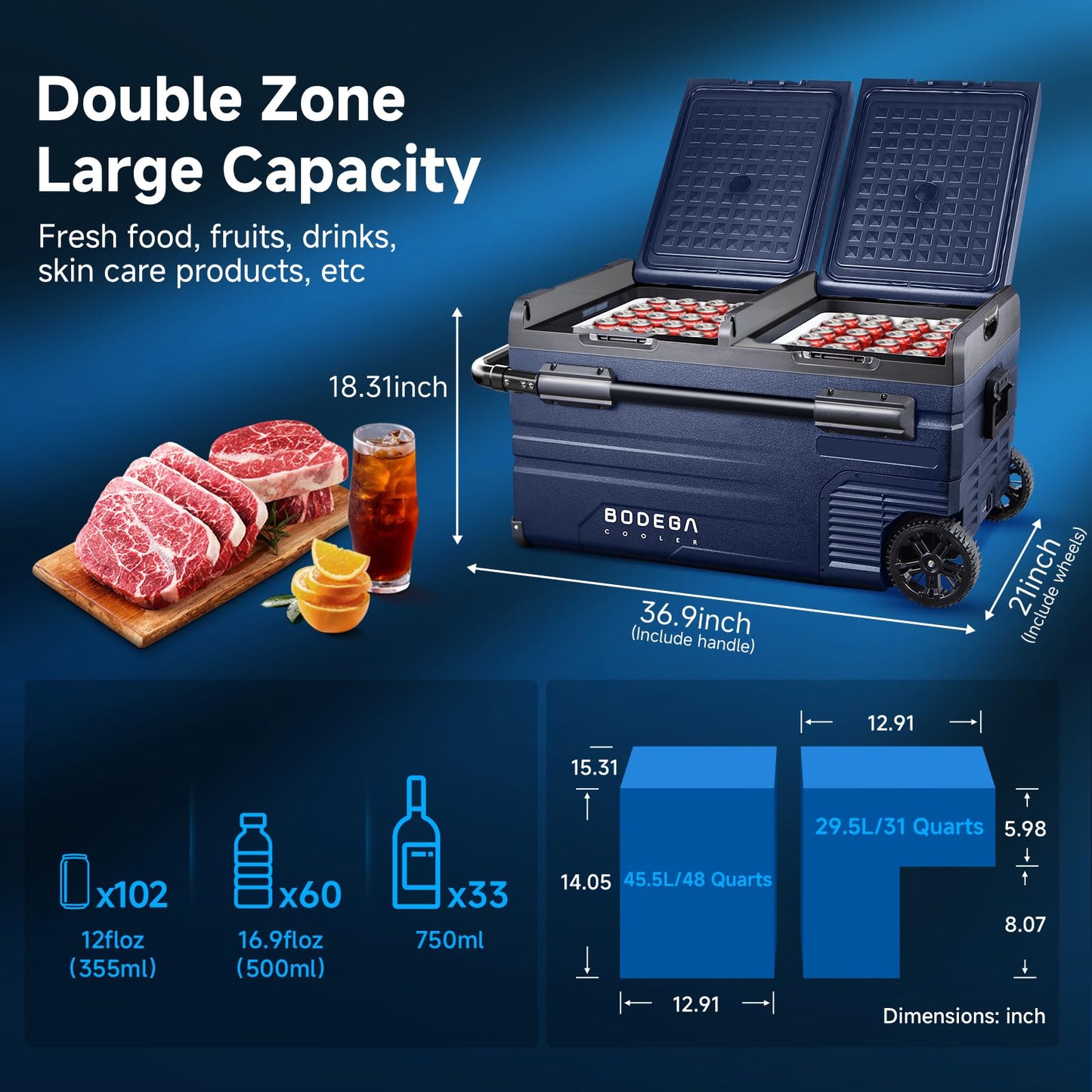 BODEGACOOLER 12 Volt Car Refrigerator, Portable Freezer, Car Fridge Dual Zone WIFI APP Control, 80 Quart(75L) -4℉-68℉Car Cooler, 12/24V DC and 100-240V AC, for Camping, Travel, RV, Outdoor