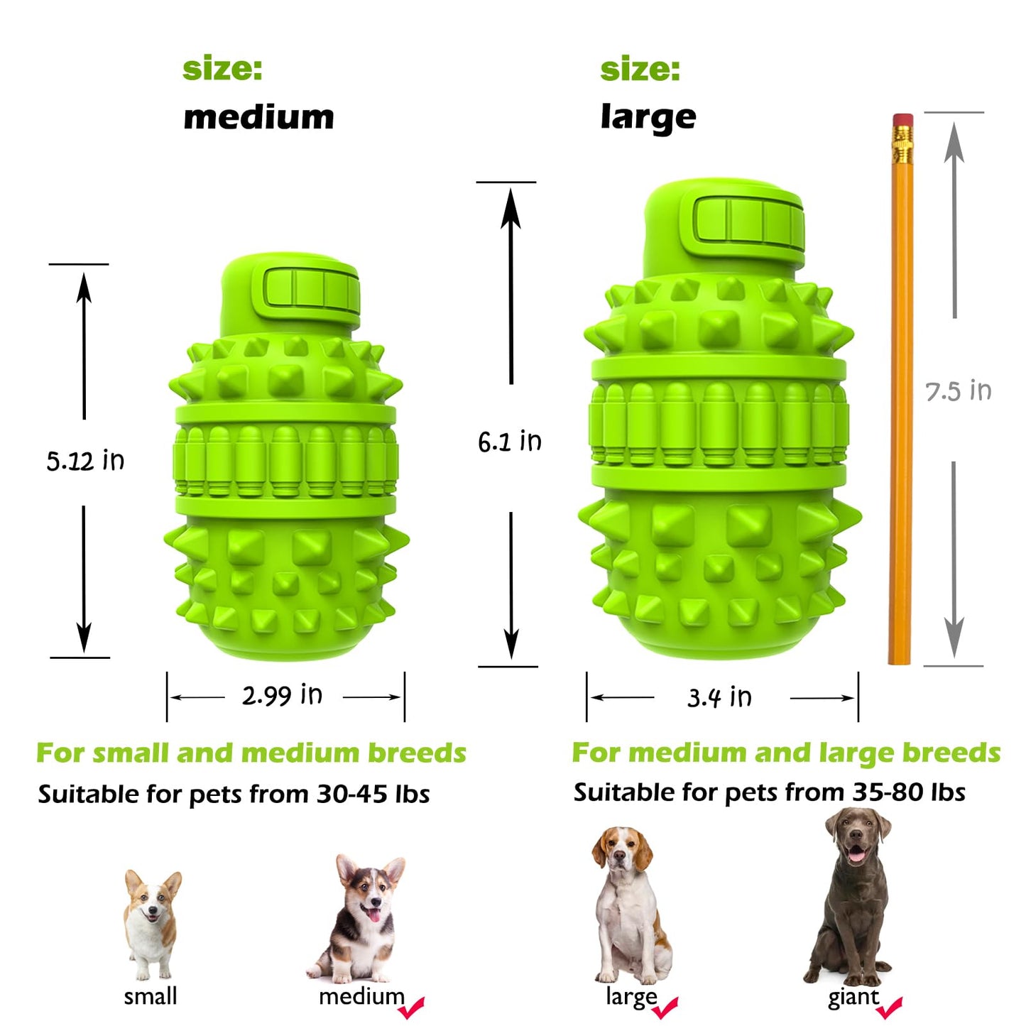 PIFFZEDO Dog Toys for Aggressive Chewers,Interactive Natural Rubber Chew & Squeaky Toy for Large Medium Breed,Dog Toothbrush,Tough & Durable (Green,Large)