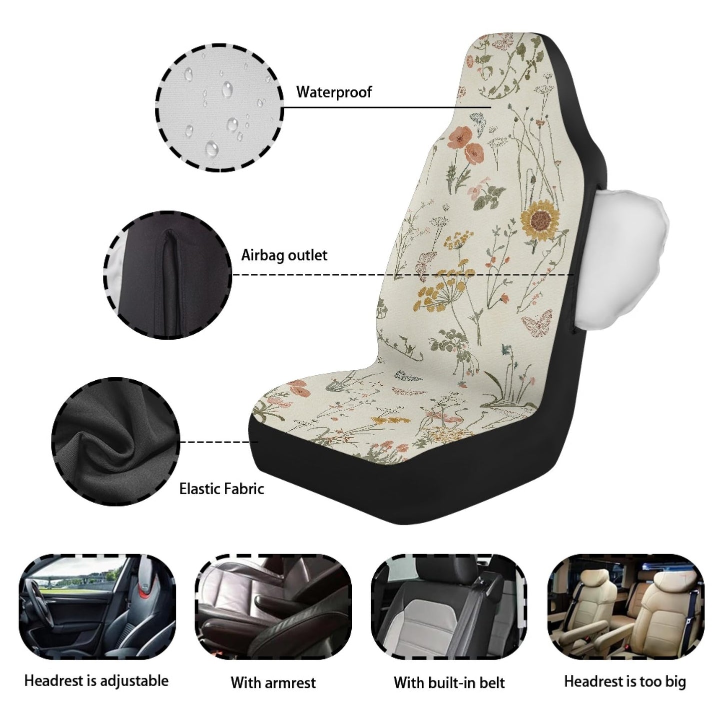 Temdrsuy Boho Car Seat Covers Cute - 2PCS Waterproof Front Seat Covers with Car Drying Towel, Airbag Compatible, Universal Fit for Most Vehicle Car Seat Protector for Women SUV Sedans Truck