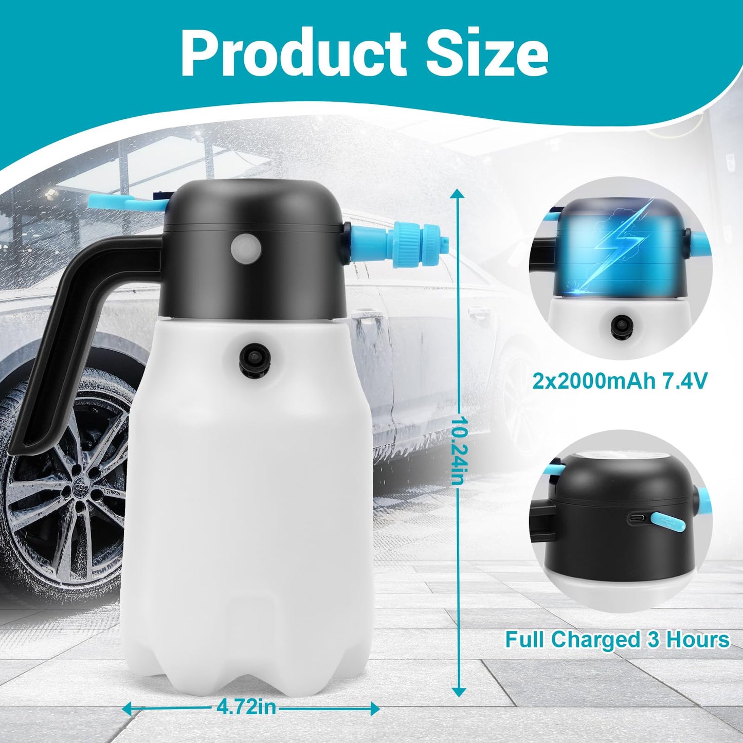 Electric Foam Sprayer Car Wash, 60PSI Foam Sprayer Auto Pressurized with 2 Nozzles(Foam/Water Stream), Built-in 7.4V Pump, 2x2000mAh Battery, for Car Wash, Window Cleaning, Garden&Home Use-68oz/2L
