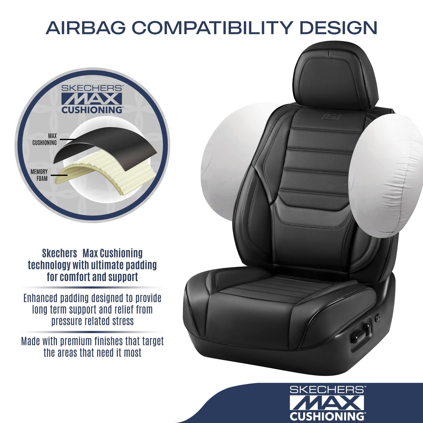 Skechers MAX Cushioning Seat Covers,Memory Foam Leather Car Seat Covers,Waterproof Car Seat Protector Full Sets,Car Seat Cushion Airbag Automotive Universal Fit for Most Cars,Vans,Trucks,SUV,Black