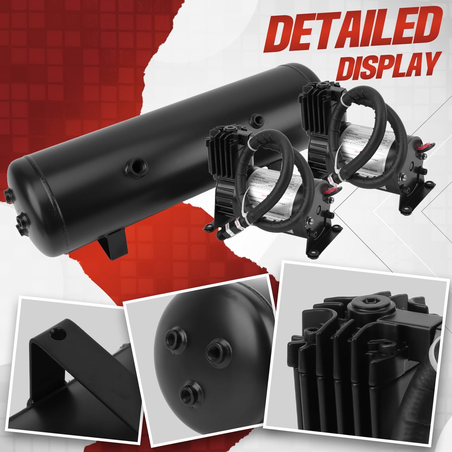 3 Gallon 6 Ports Compressed air Storage Tank 150PSI Air Compressor for Suspension/Air Ride/Bag/Car/Train/Truck Horn Aluminum 12 Liter Onboard System Air Suspension Compressor Kit (2PCS)