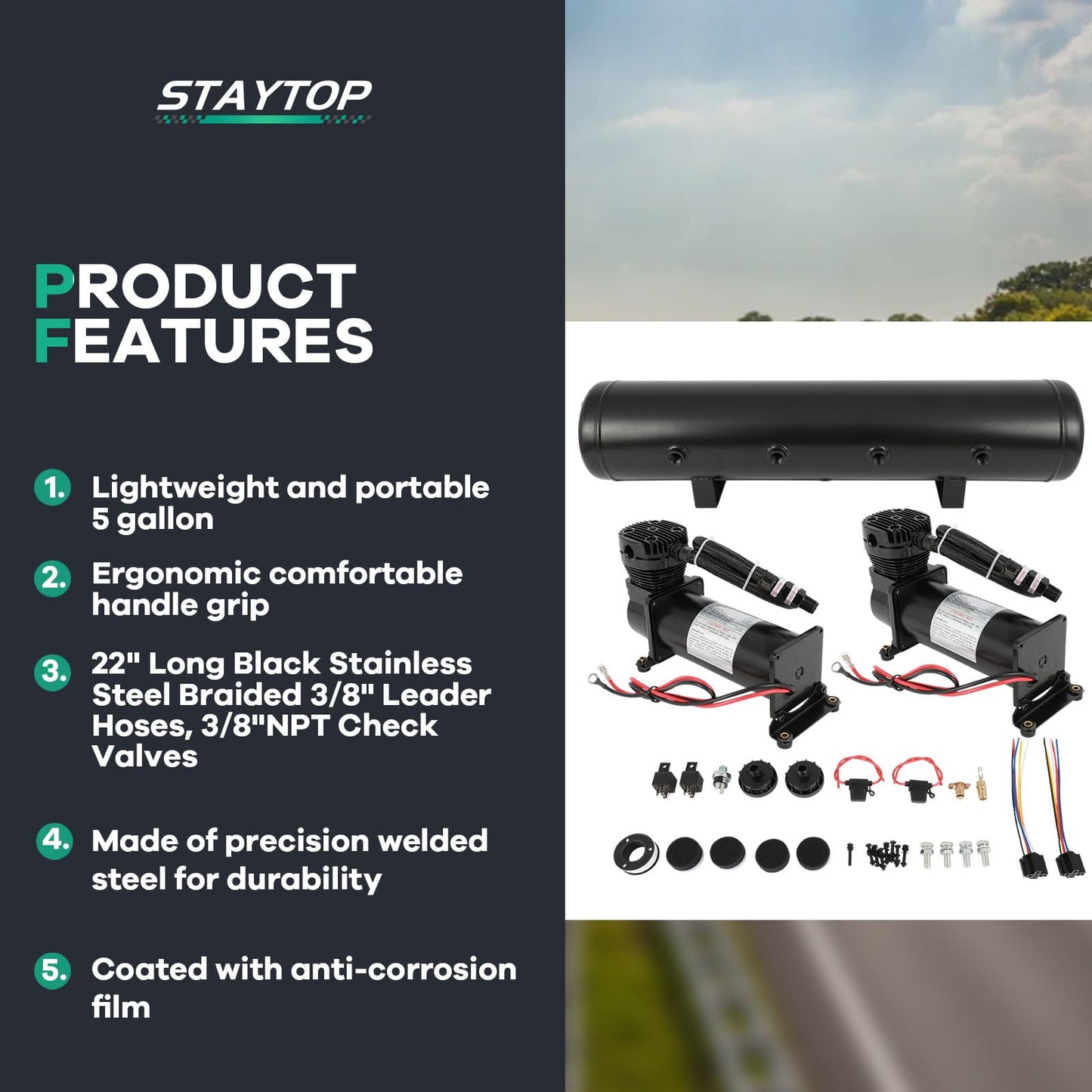 STAYTOP Dual Air Compressors 5 Gallon Air Tank for Air Suspension/Air Ride Bag/Train Horn/Spring, Onboard Air System Kit 200 psi Compressors
