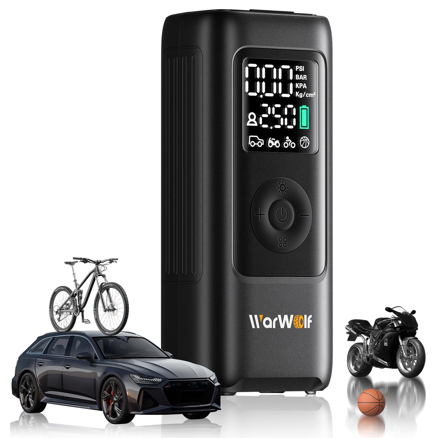 WARWOLF 160PSI Tire Inflator Portable Air Compressor - Fast Air Pump for Car Tires: SUV, Light Truck, Motorcycle, Bike, with Auto Shut-Off, Digital Gauge, 12V Car Adapter, LED Light