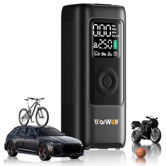 WARWOLF 160PSI Tire Inflator Portable Air Compressor - Fast Air Pump for Car Tires: SUV, Light Truck, Motorcycle, Bike, with Auto Shut-Off, Digital Gauge, 12V Car Adapter, LED Light