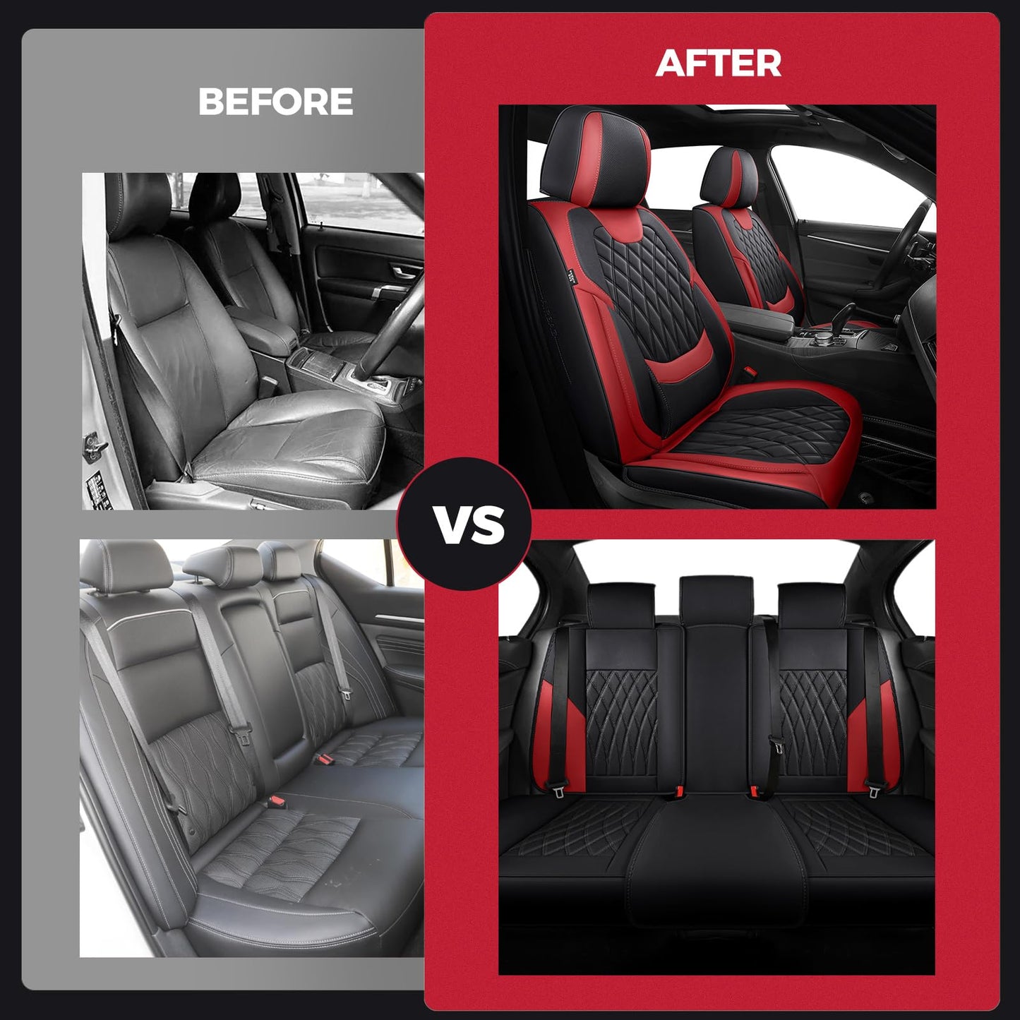 FREESOO Black Red Car Seat Covers Full Set - Faux Nappa Leather Seat Covers for Cars, Breathable Waterproof Front Seats with Lumbar Support and Rear Seat Cover, Fit for Automotive Sedans SUVs Pickups