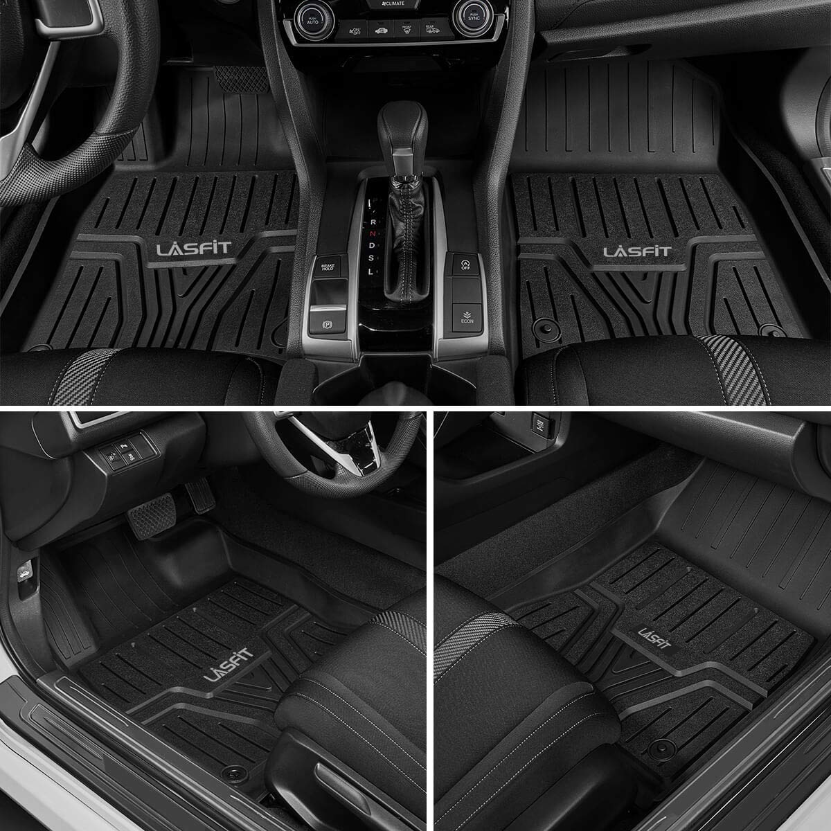 LASFIT Floor Mats for Honda Civic Sedan 2016-2021 & Hatchback 2017-2021 & Coupe 2016-2020, All Weather TPE Custom Fit Floor Liner, 1st & 2nd Row, Black