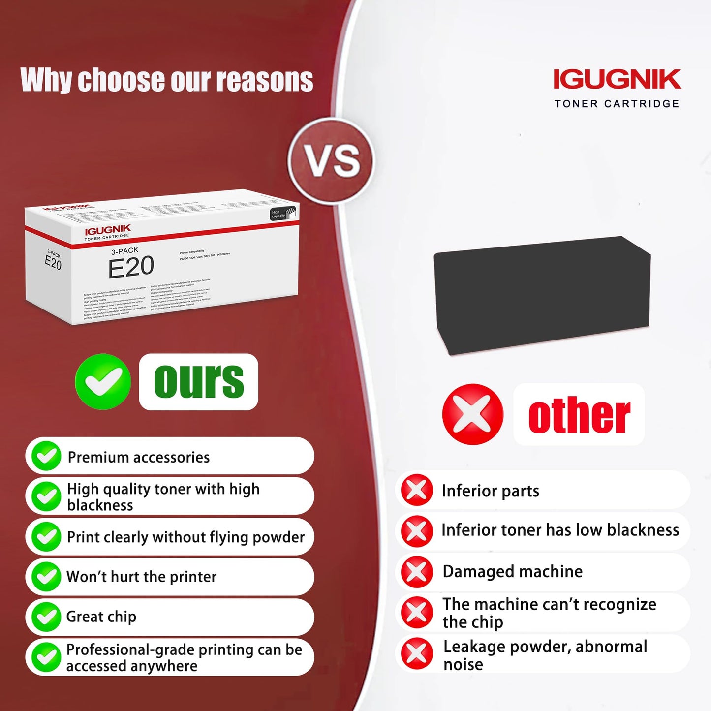 3 Pack E20 Black Toner Cartridge Replacement for Canon E20 Work with PC 100 / 300 / 400 / 530 / 700 / 900 Series| E20