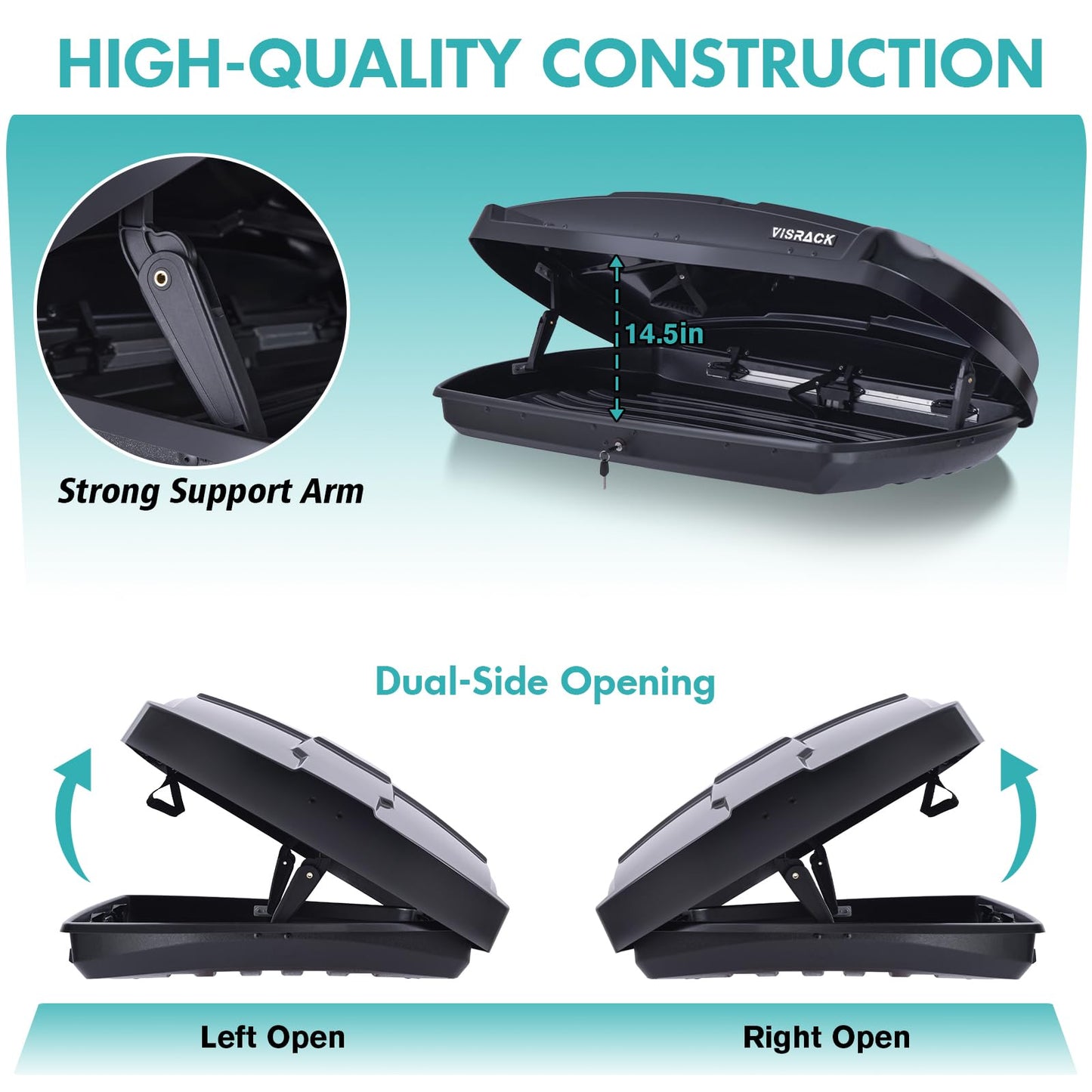 Hard Shell Roof Cargo Carrier, 15.5 Cubic Feet Black Roof Box, Durable ABS Storage with Dual-Sided Opening, Weatherproof & Locking System, Tool-Free Installation, 58.3" L x 35.4" W x 13" H