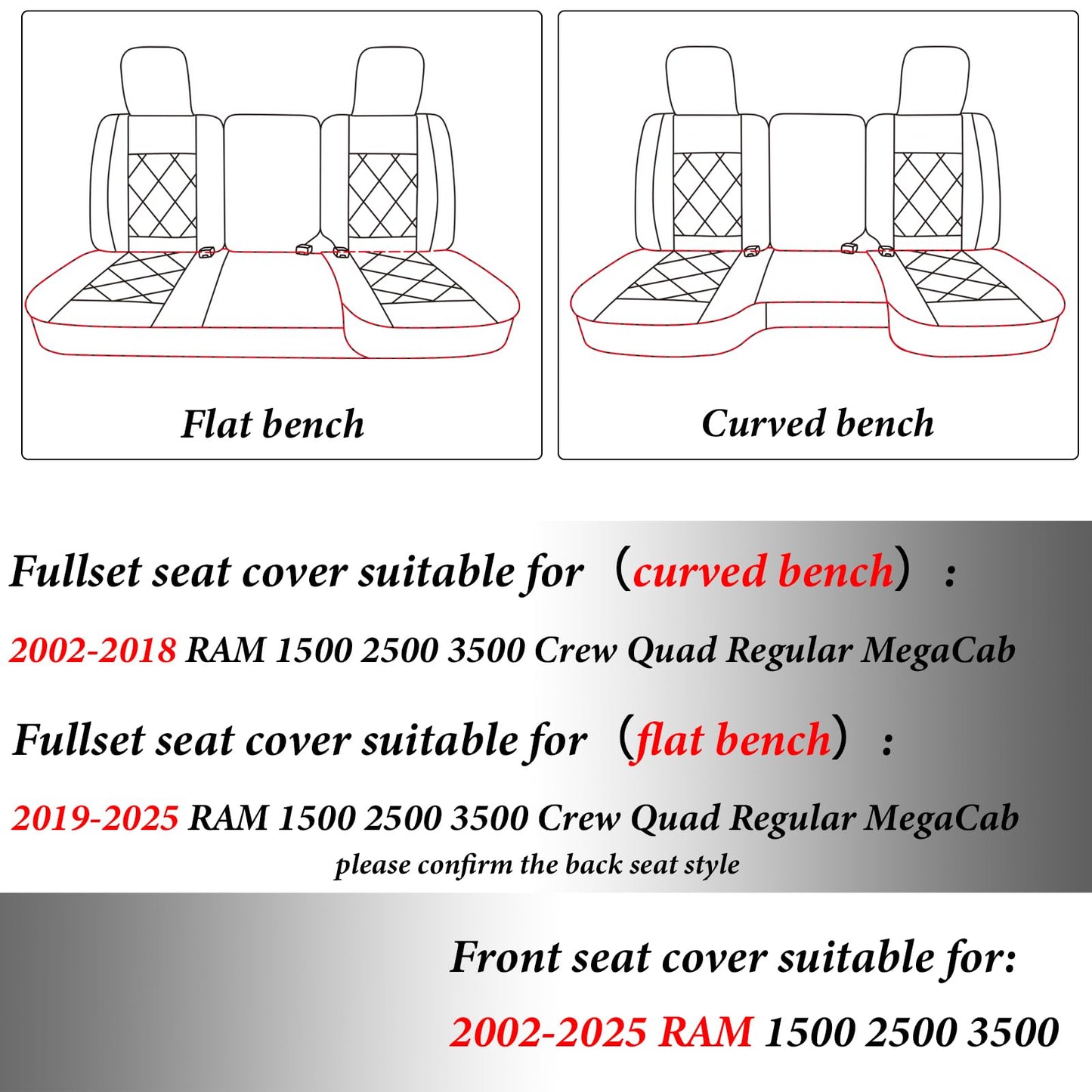 Coverado Ram Seat Covers Full Set, Waterproof Ram 1500 Seat Cover Compatible with 2002-2025 Dodge RAM 1500 2500 3500 Crew Quad Cab with Curved Bench, Black
