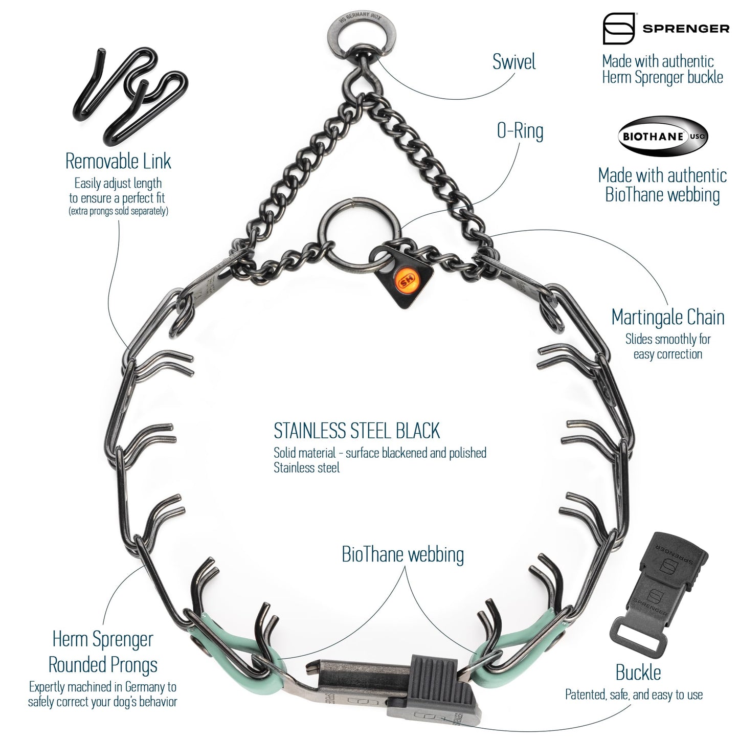Herm Sprenger Black Stainless Steel Dog Collar with Quick Release ClicLock Buckle and Biothane Insert Training Collar Made in Germany (Sage Green, 16in x 2.25mm(Neck Size up to 13-14in))