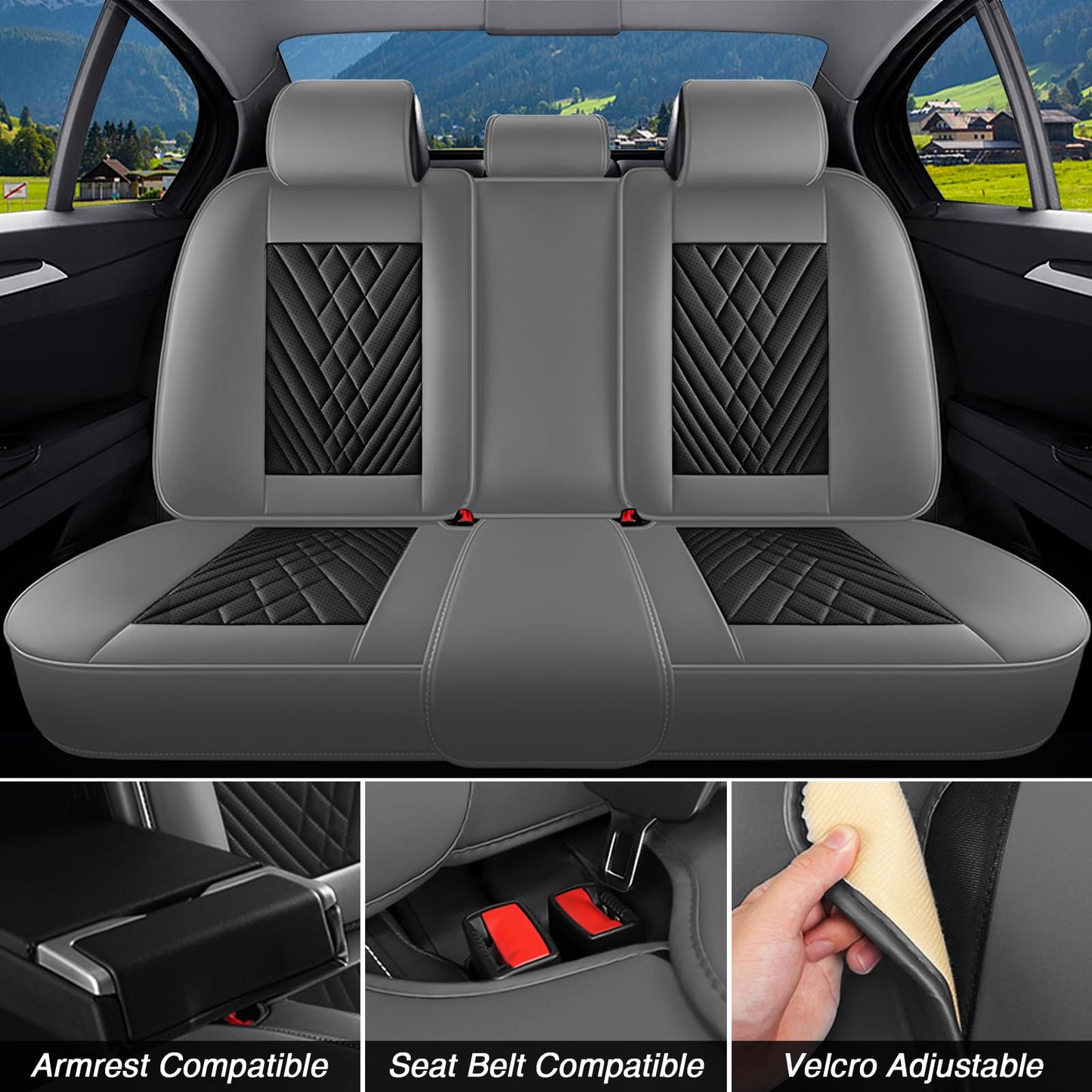 BYXN Leather Seat Covers Full Set,5 Seats Universal Car Seat Protectors,Easy to Install Cover Set,Waterproof Car Seat Covers Car Seat Cushions Fit for Most Cars SUVs and Trucks(5 Seats,Gray-Black)