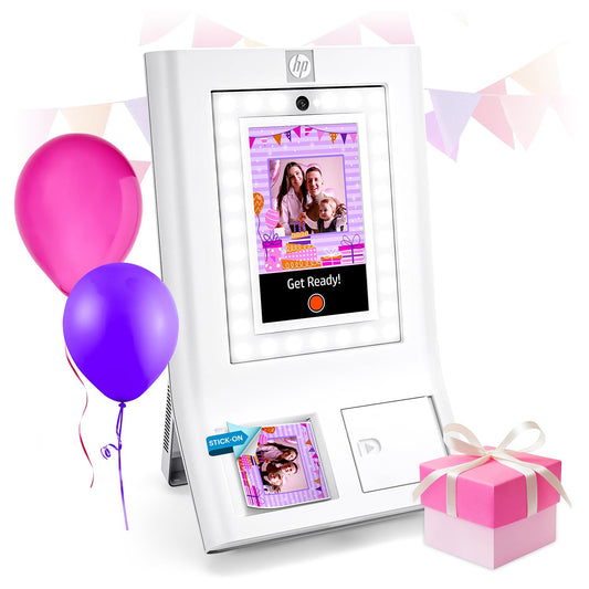 HP Sprocket Photo Booth Machine Instant Color Photo Printer - 10.1" Touchscreen Photobooth, LED Ring Light - Customize w/ 250+ Frames, Prints on 3x4 Zink Paper or Share via QR Code, Mobile App - White