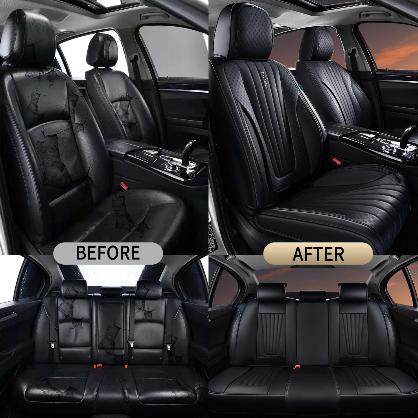 FLORICH Car Seat Covers, Premium Leatherette Car Seat Cushions Full Set, Black Seat Covers for Cars Front Seats and Back, Automotive Seat Protectors Universal Fit for Most Sedans Cars SUV Trucks