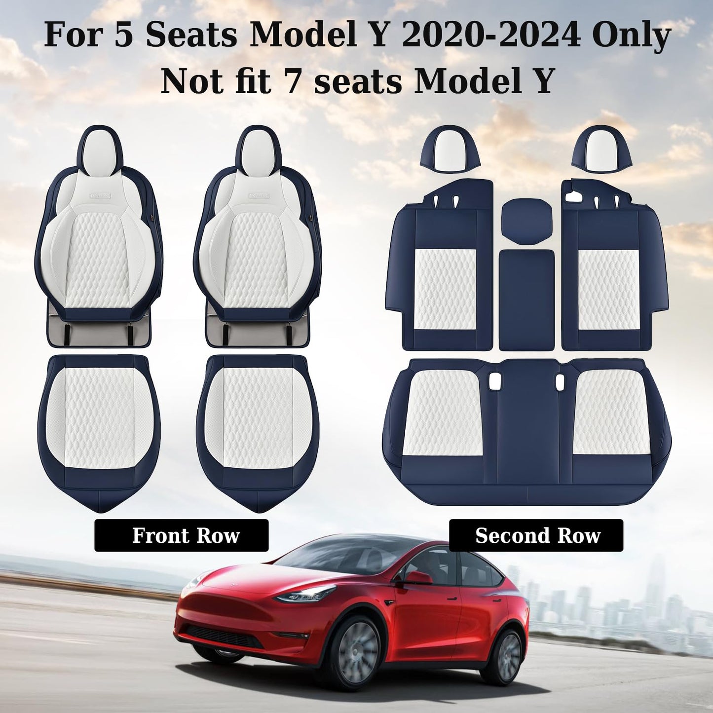 Coverado Car Seat Covers for Tesla Model Y, Car Seat Covers Full Set 5 Seater, Leatherette Car Seat Covers Front Seats and Back Custom for Tesla Model Y 2020 2021 2022 2023 2024 BlueWhite