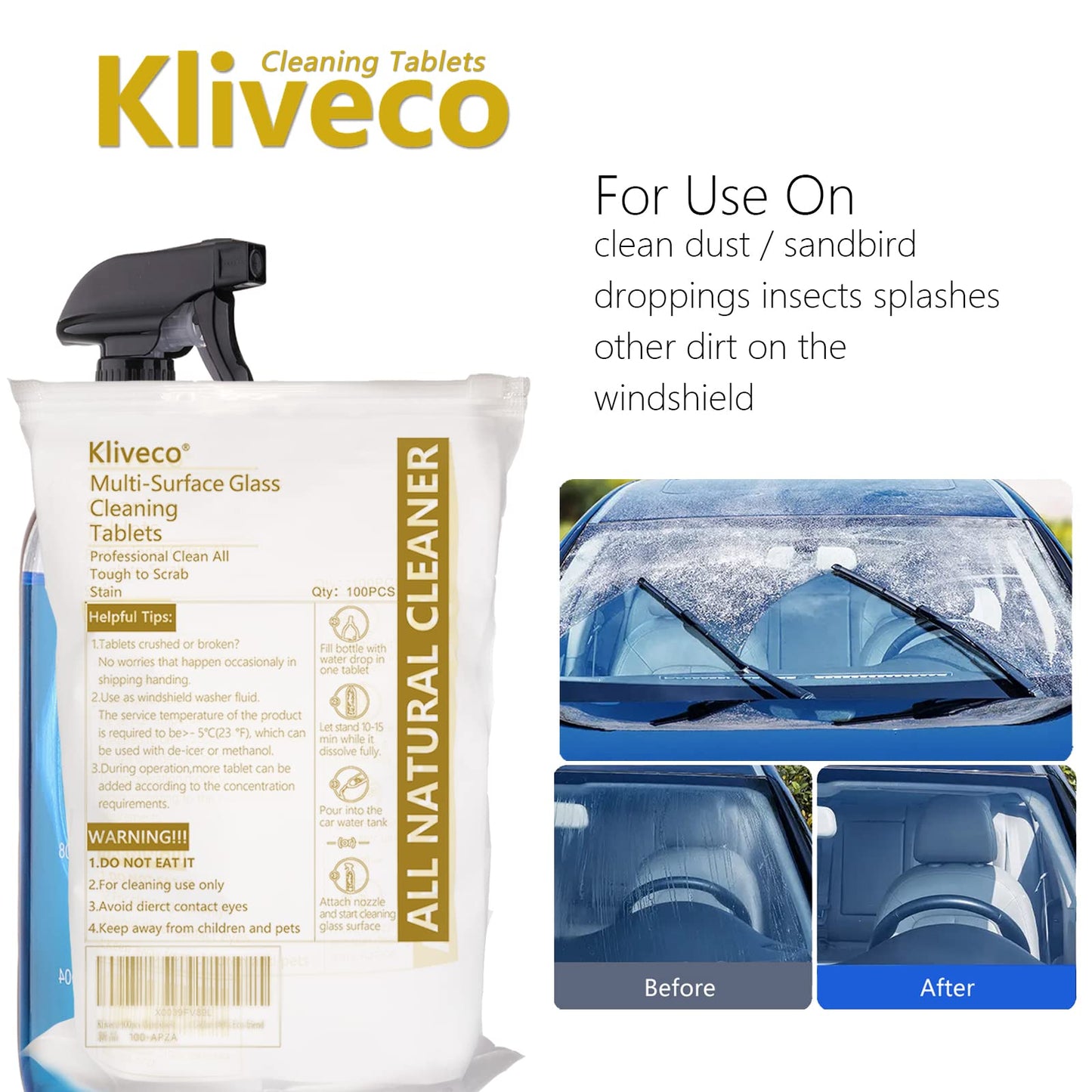 Kliveco 100PCS Car Windshield Washer Fluid Tablets,Windshield Wiper Fluid,1 Pack Makes 105 Gallons,1 Piece Makes 1.05 Gallons(Winter: Use With De-icer or Methanol)