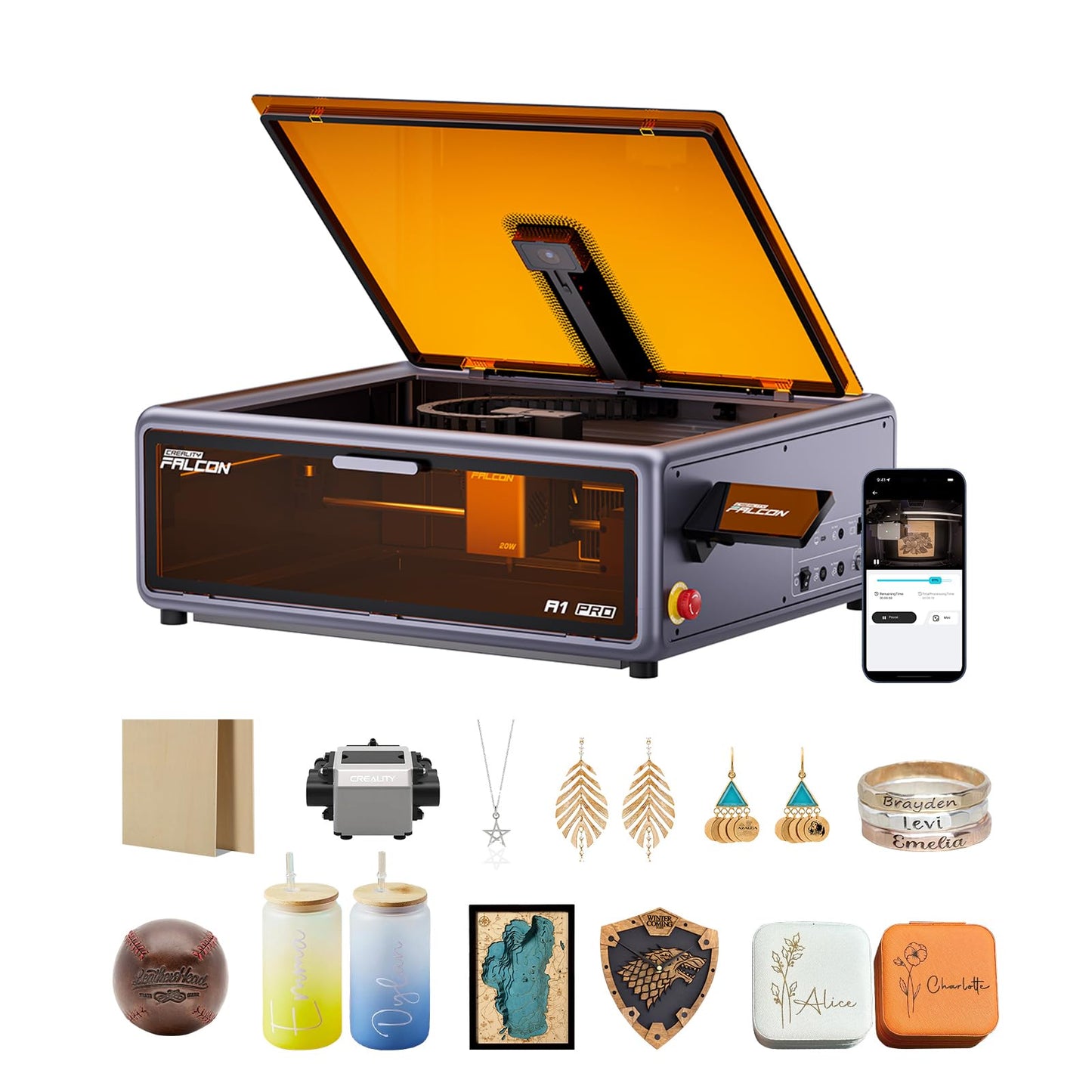 Creality Falcon A1 Pro 20W Laser Engraver, Full Enclosed 180W Output Laser Engraver Machine, Touch Screen, Auto Focus, APP Control, Pre-Assembled, Ideal for Wood and Metal, Class 1 Safety