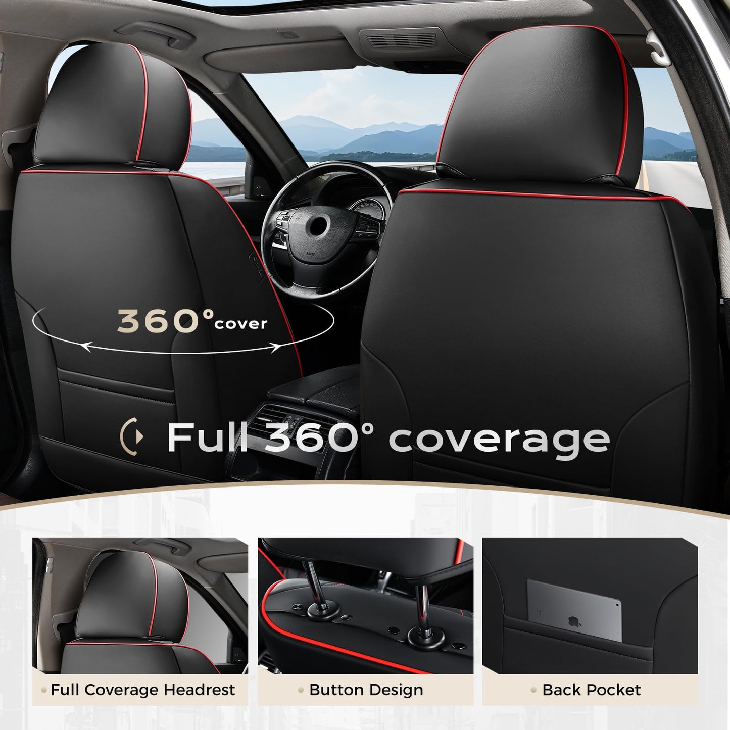 Coverado Car Seat Covers Full Set, Nappa Leather Black Seat Covers for Cars, Waterproof Car Seat Protector, Front and Back Seats Universal Fit for Most Vehicles
