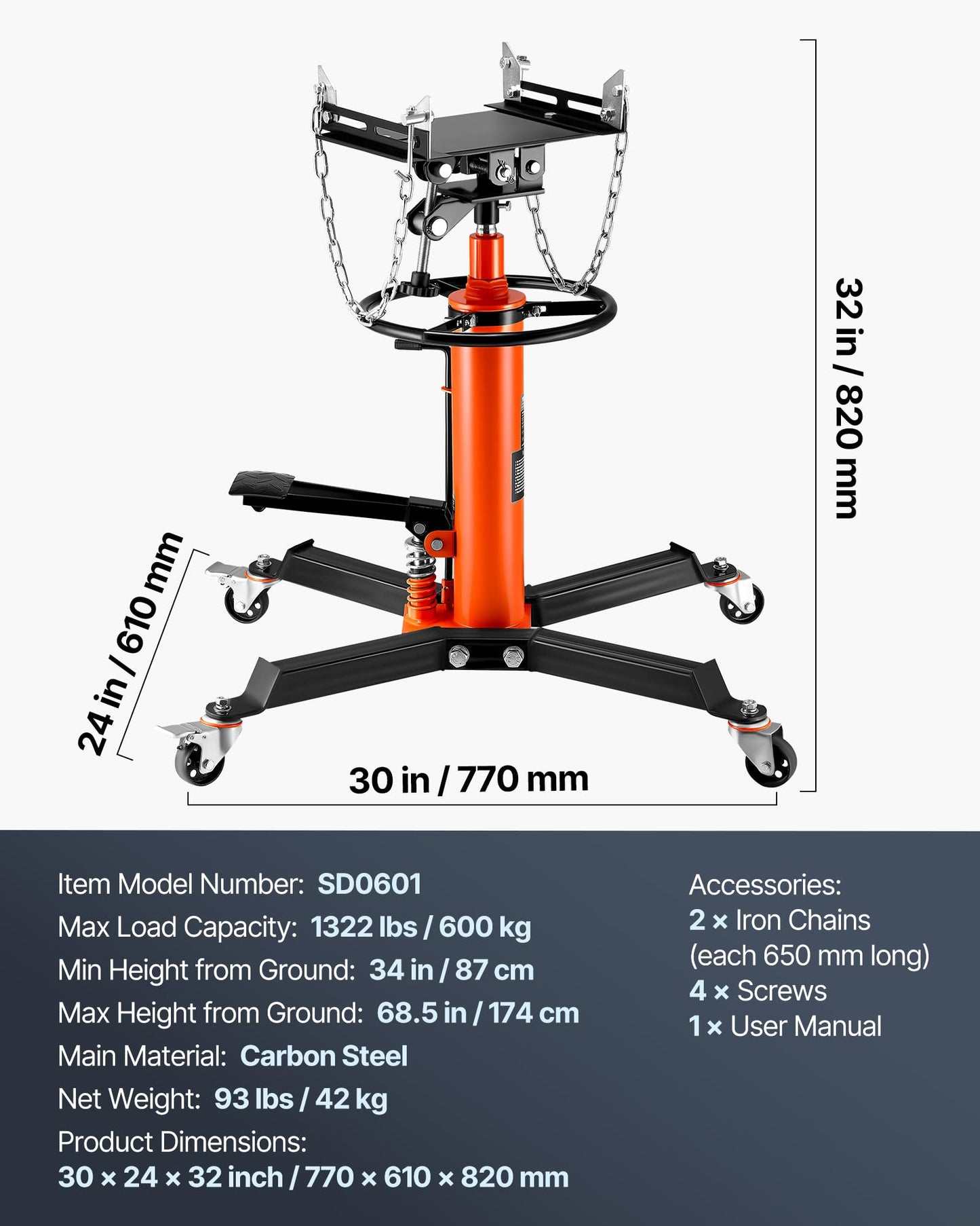 VEVOR Transmission Jack, 1322 LBS Hydraulic Telescoping Transmission Jack, 32"-67" High Lift Transmission Jack Stand with Foot Pedal, 360° Swivel Wheel