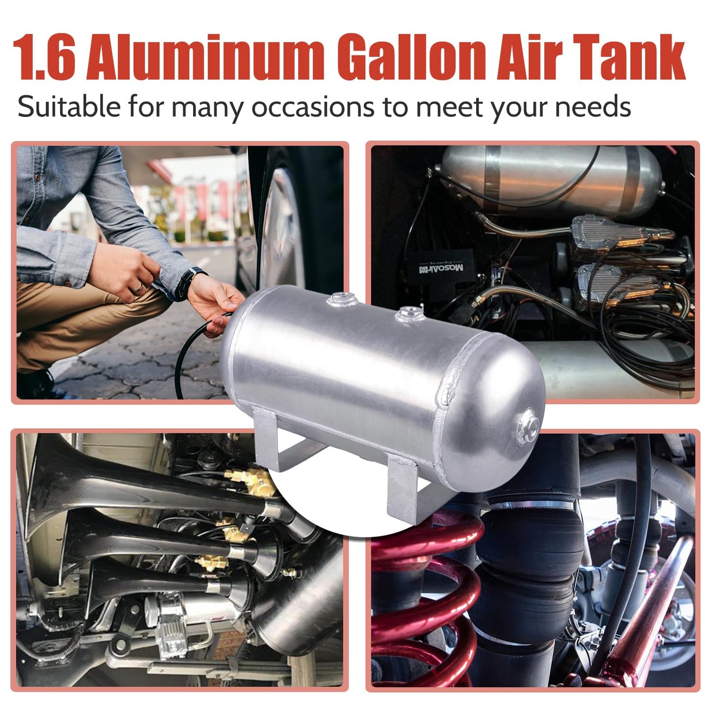 CNRAQR 1.6 Gallon Air Tank Aluminum 6 Liter Air Compressor Onboard System 12V 1/4NPT for Train Truck Trailer Train Auto Air Lift Suspension Heavy Duty Air Horn Compressor