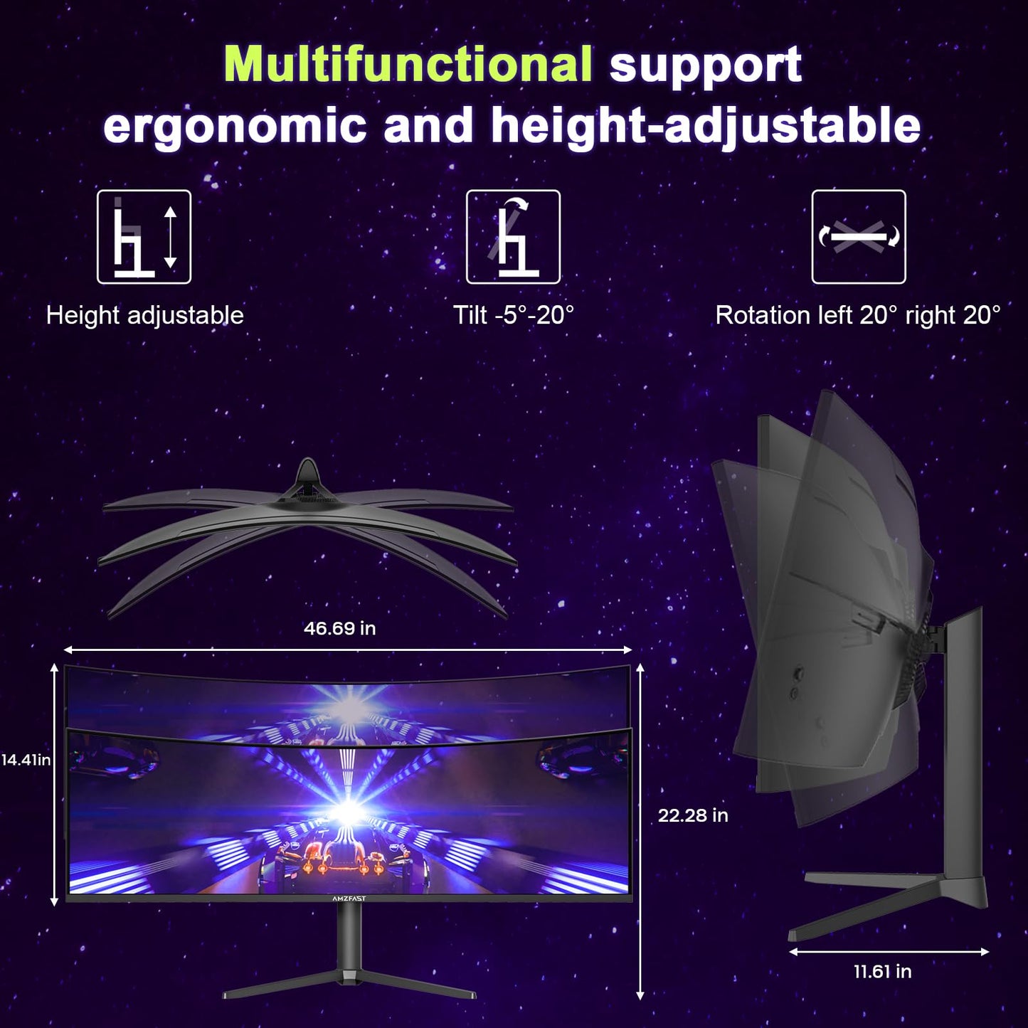Amzfast 49 Inch Curved Monitor 120Hz DQHD 5120x1440p Ultrawide Gaming Monitor, 120% sRGB, 3000:1, 1ms, HDR, Adaptive Sync, PIP/PBP, Low Blue Light, HDMI 2.0/DP 1.4, VESA 75x75, AMZG49C7U