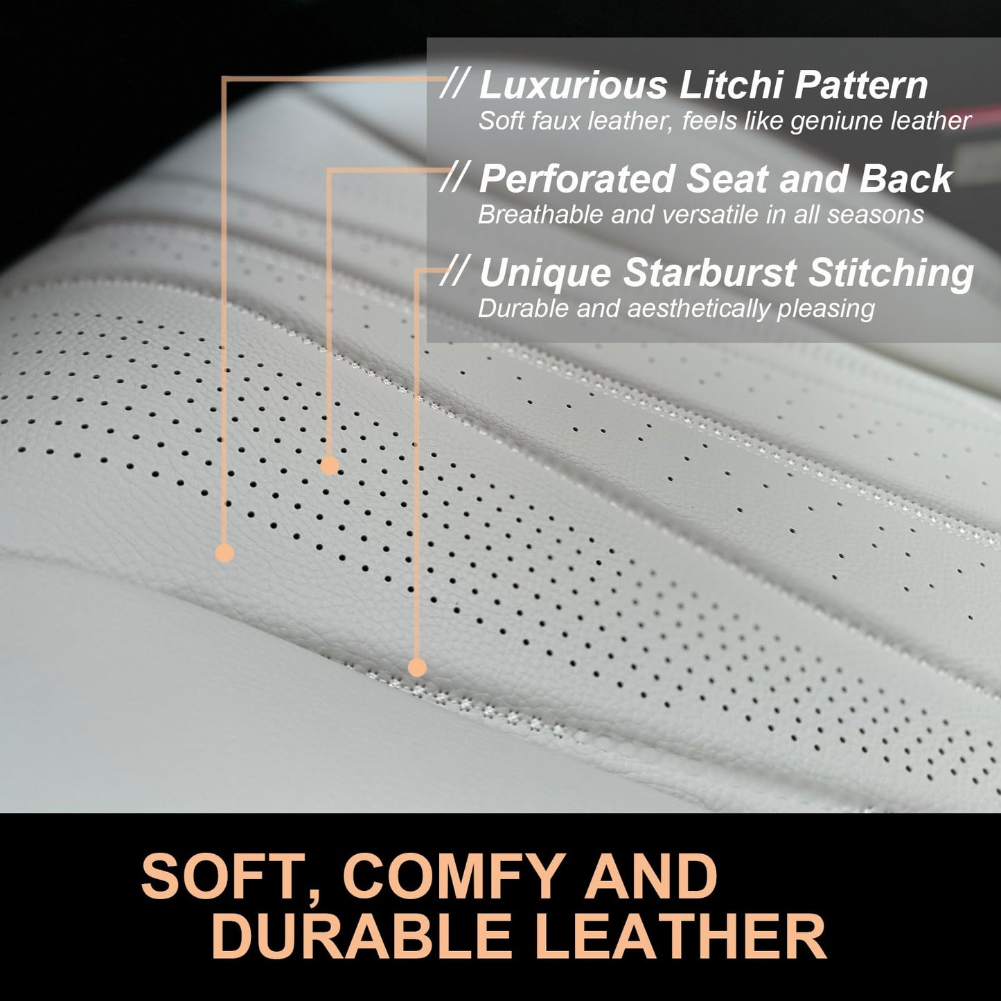 PINCTROT Car Seat Covers Front Set, Breathable Soft Pebbled Leather, Luxury Waterproof Seat Cushion, Airbag Compatible, Seat Protector Universal Fit Most Cars (Front Set, Beige Brown Piping)