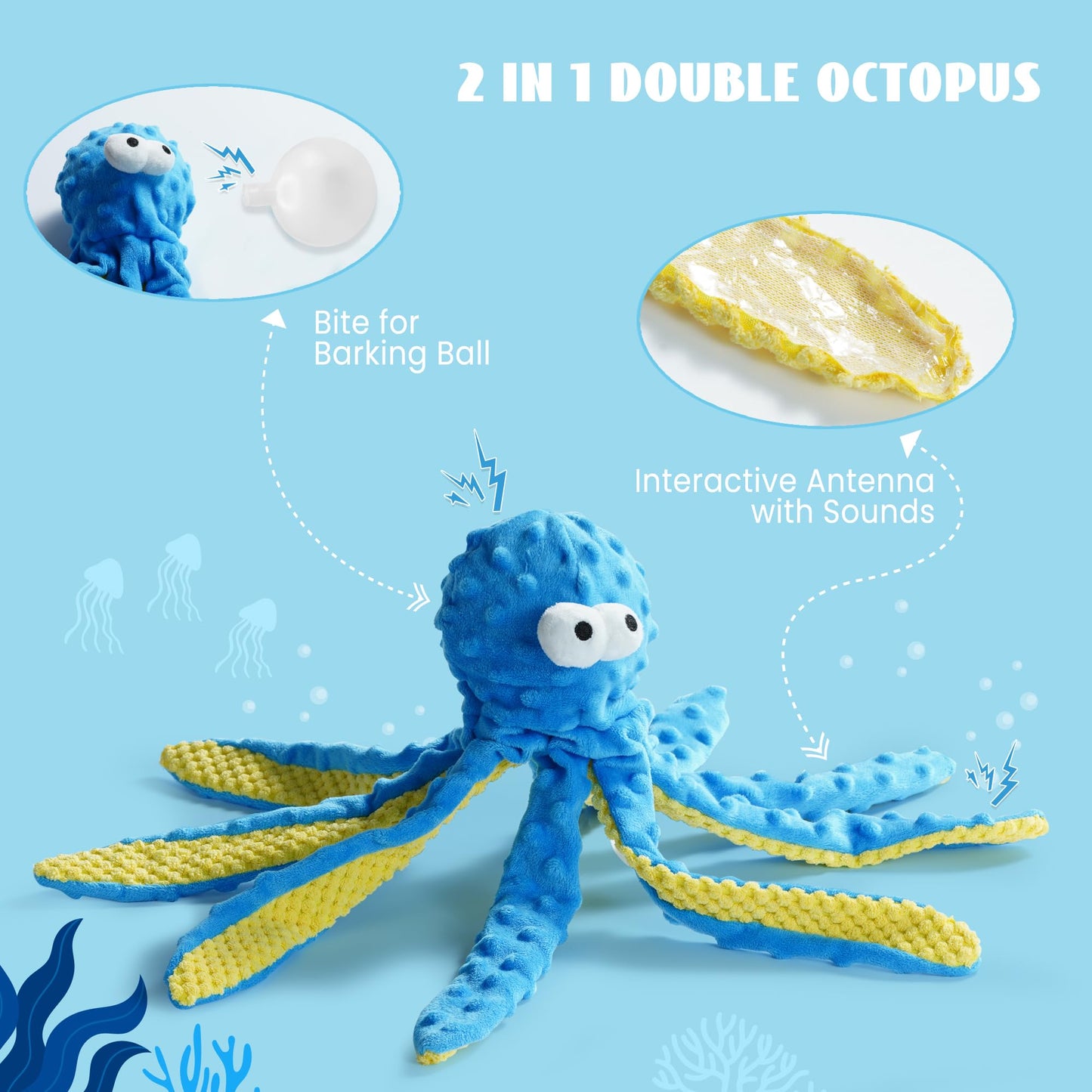 Nocciola 4 Packs Crinkle Squeaky Dog Toys for Aggressive Chewers, Durable Stuffed Plush Rope Tug Puppy Toy for Small, Medium Large Dogs, Octopus Fish Ocean Beach Summer, Dog Birthday Gifts