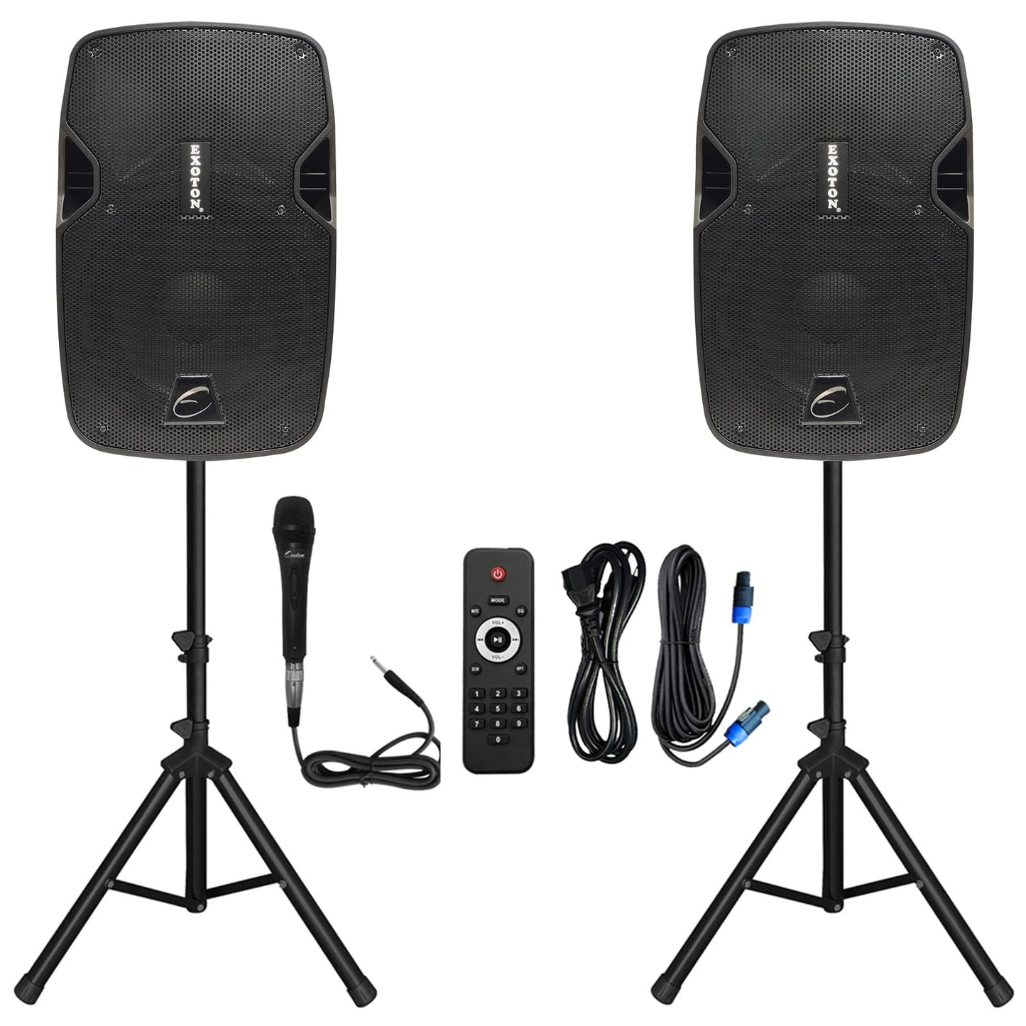 EXOTON EXOTON 10 inch Professional Dual Powered PA Speakers, 2-Way Active&Passive Loudspeakers, PA System Combo Set with Microphone/Tripods/Remote Control/Bluetooth/USB, Indoor&Outdoor