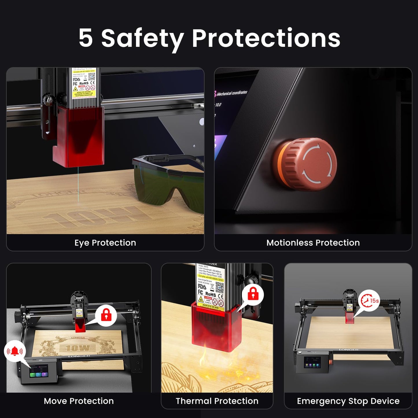 Longer RAY5 Laser Engraver, Laser Engraver 10W Output Power, 3.5” Color Touch Screen, App Offline Control, DIY Engraver Tool for Metal/Glass/Wood Engraving Area 15.75"x15.75"