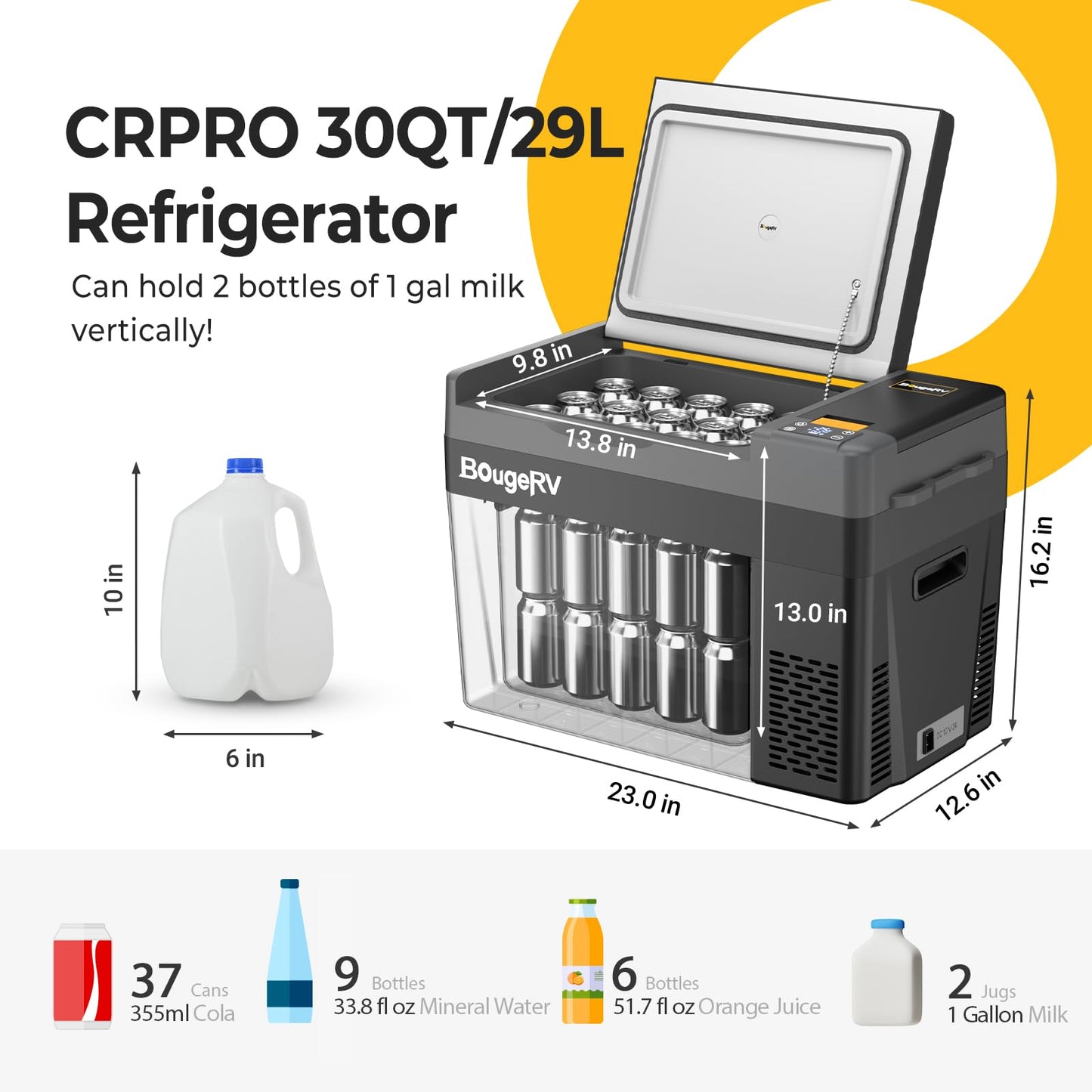 BougeRV 12 Volt Refrigerator, CRPRO 30 Quart 12V Car Fridge, Portable Freezer (-8℉~50℉), Compressor Electric Cooler with 12V/24 DC, 110-240 AC for Outdoor Camping Overlanding Truck RV SUV Van