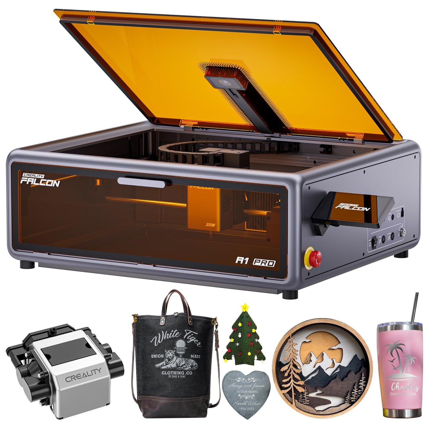 Creality Falcon A1 Pro 20W Laser Engraver, 180W Enclosed Laser Cutter and Engraver Machine with Air Assist, HD Smart Camera for Auto Focus, APP Control, Touch Screen, Ideal for Wood & Metal