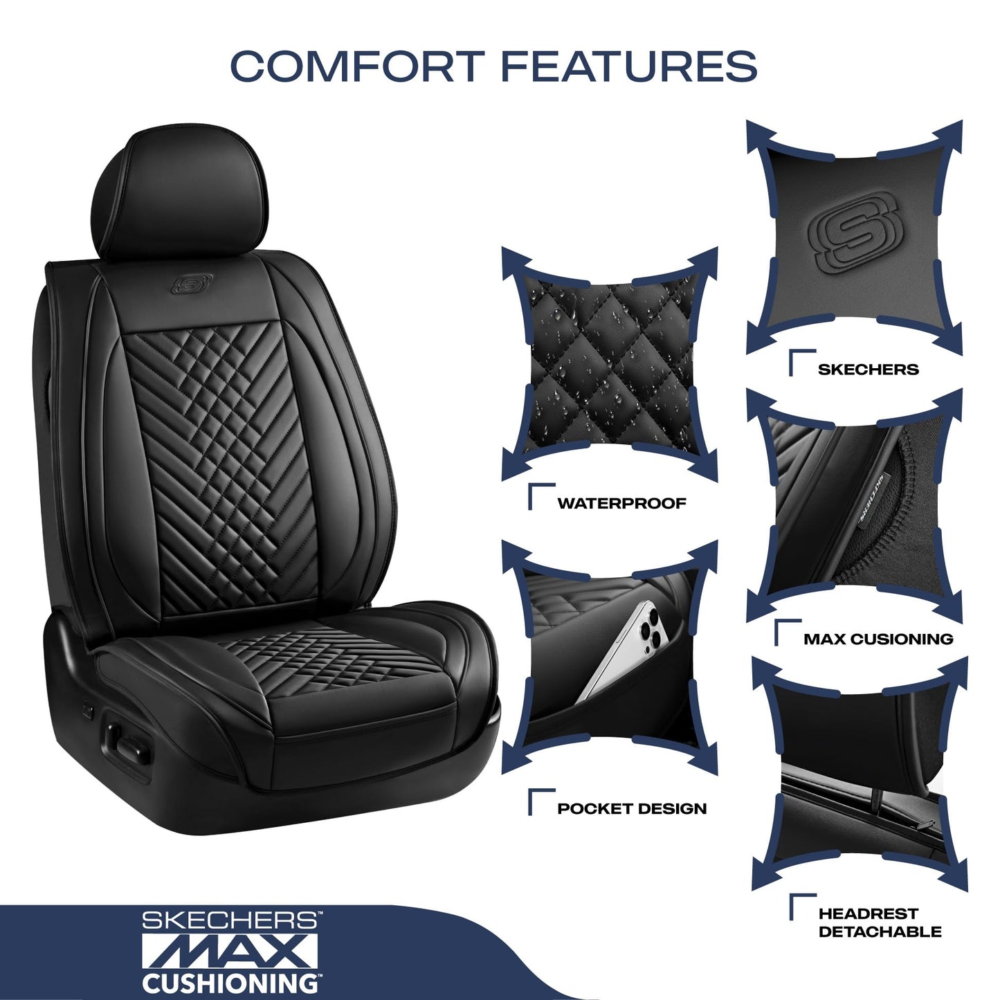 Skechers Car Seat Covers,MAX Cushioning Memory Foam Piping Leather Seat Covers,Waterproof Car Seat Protector Full Set,Car Seat Cushion Airbag Universal Fit for Most Cars,Vans,Trucks,SUV,Black
