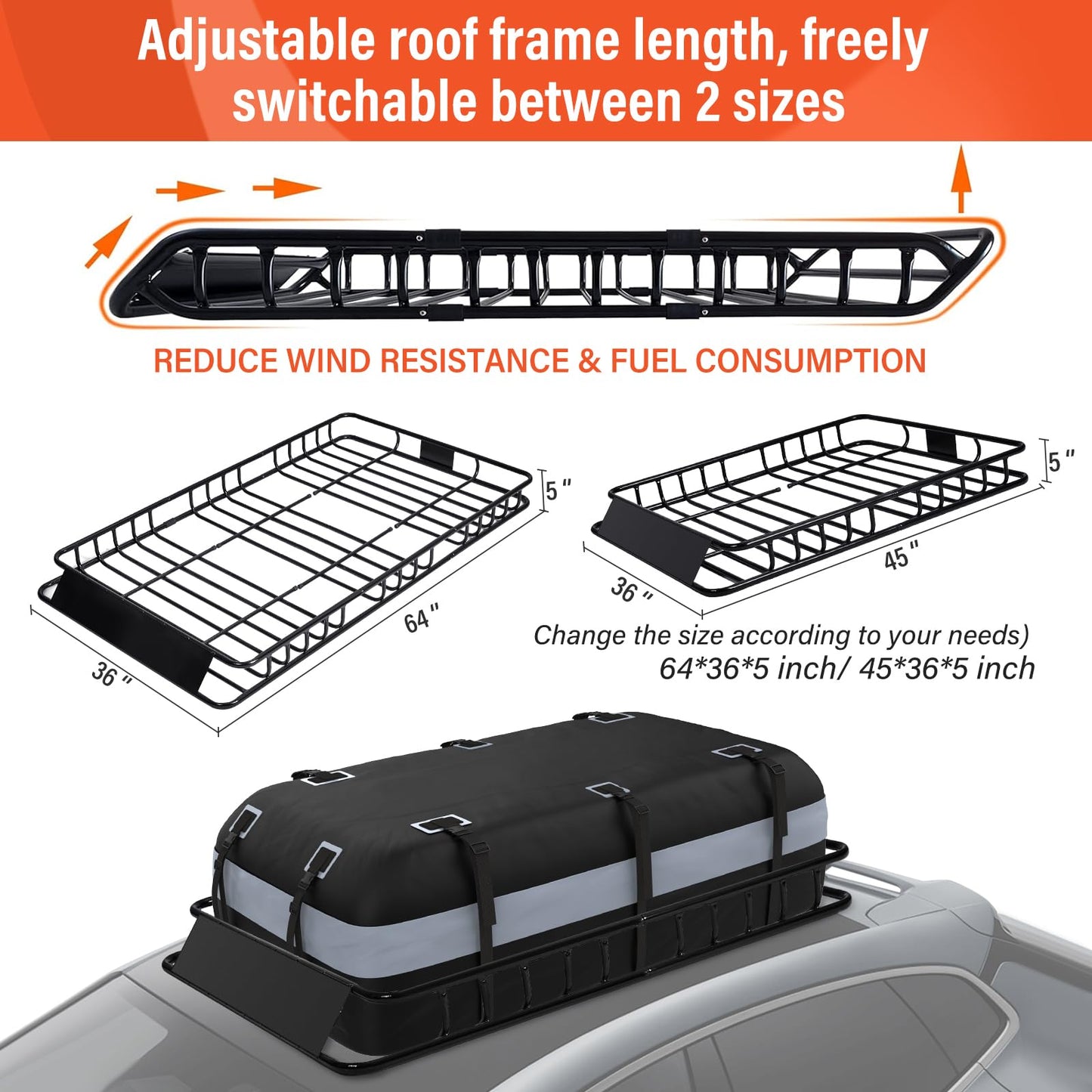 Heavy Duty Universal Rooftop Cargo Carrier Roof Rack, 64"x36"x5" Roof Rack Basket with 20 Cu.Ft Waterproof Bag, for SUV, Truck and Van, 250lbs Capacity, Corrosion Resistant, Steel Construction